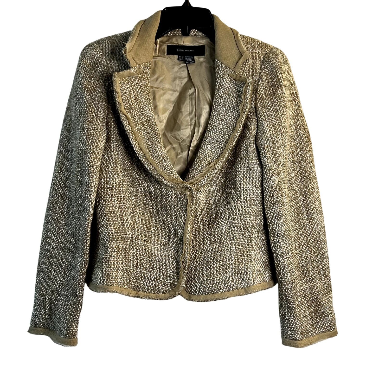 Zara Zara Woman Tweed Blazer Beige Metallic Frayed Trim Wool Size S / US 4 / IT 40 - 3 Thumbnail