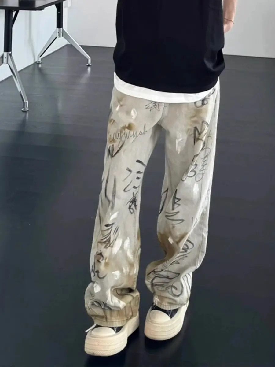 Japanese Brand Retro washed graffiti printed jeans Size US 32 / EU 48 - 4 Thumbnail
