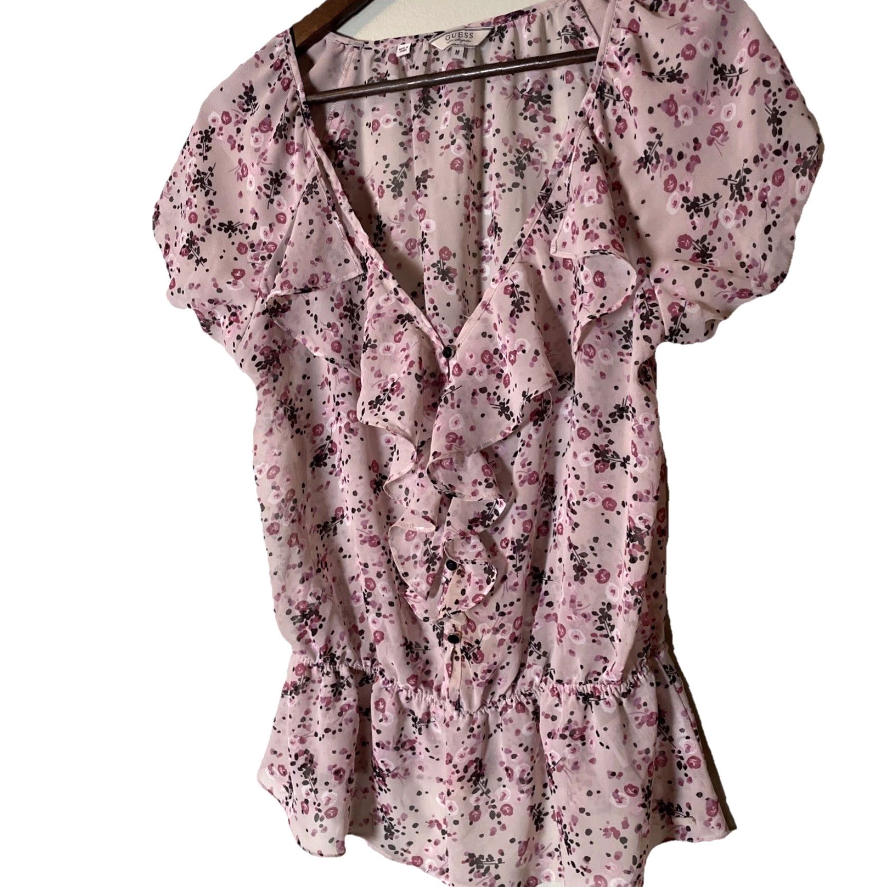 Guess VTG 90s GUESS Blouse Womens Size M Pink Black Floral Chiffon Ruffle Puff Sleeve Short Sleeve Button V-Neck Christmas? Size M / US 6-8 / IT 42-44 - 3 Thumbnail