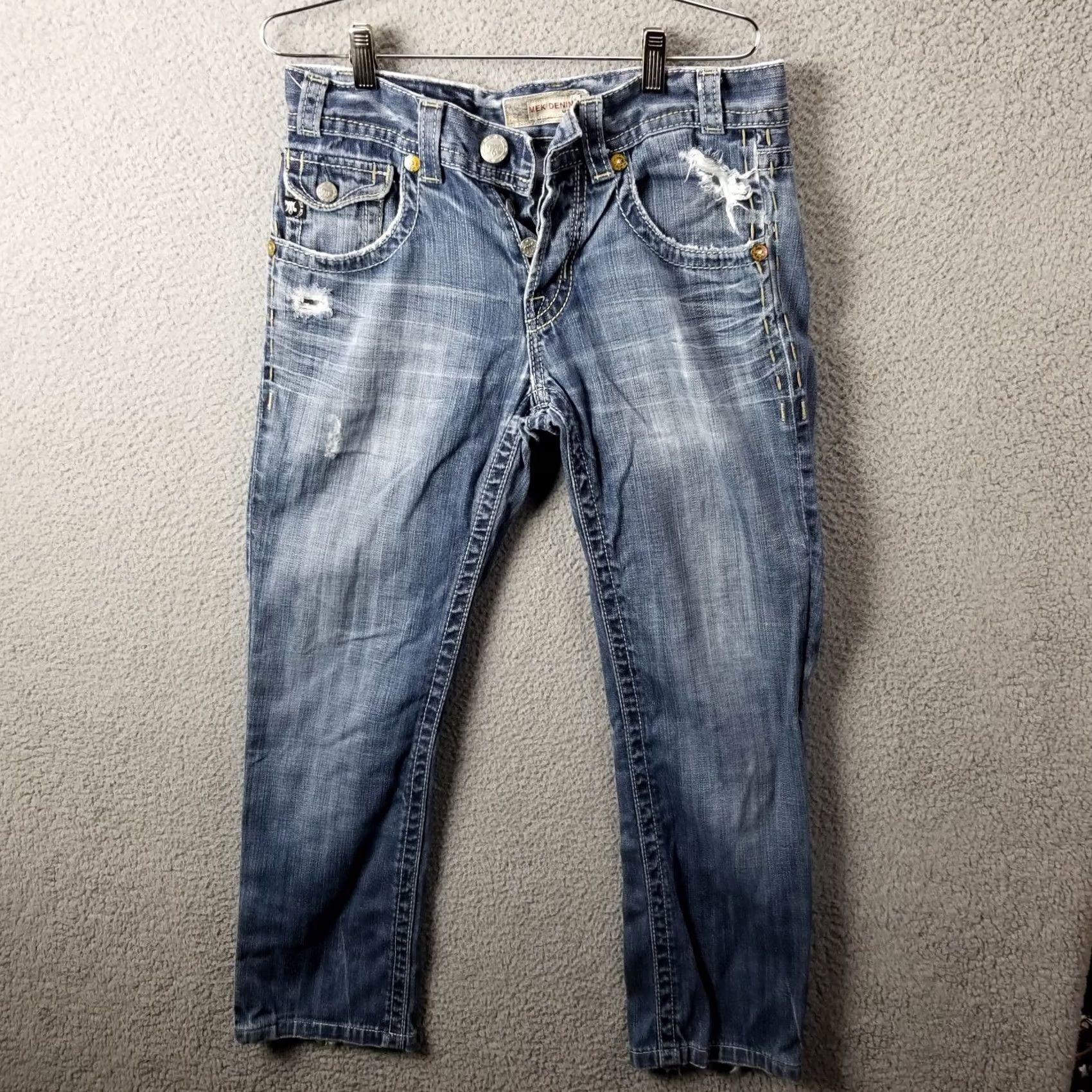 Vintage MEK Jeans Seattle 30X34 Flare Leg Wide Leg Button Fly Distressed Whiskers Flap Jeans Womens 30 Blue Denim Distressed Wide-Leg Flare Size 30" / US 8 / IT 44 - 2 Thumbnail