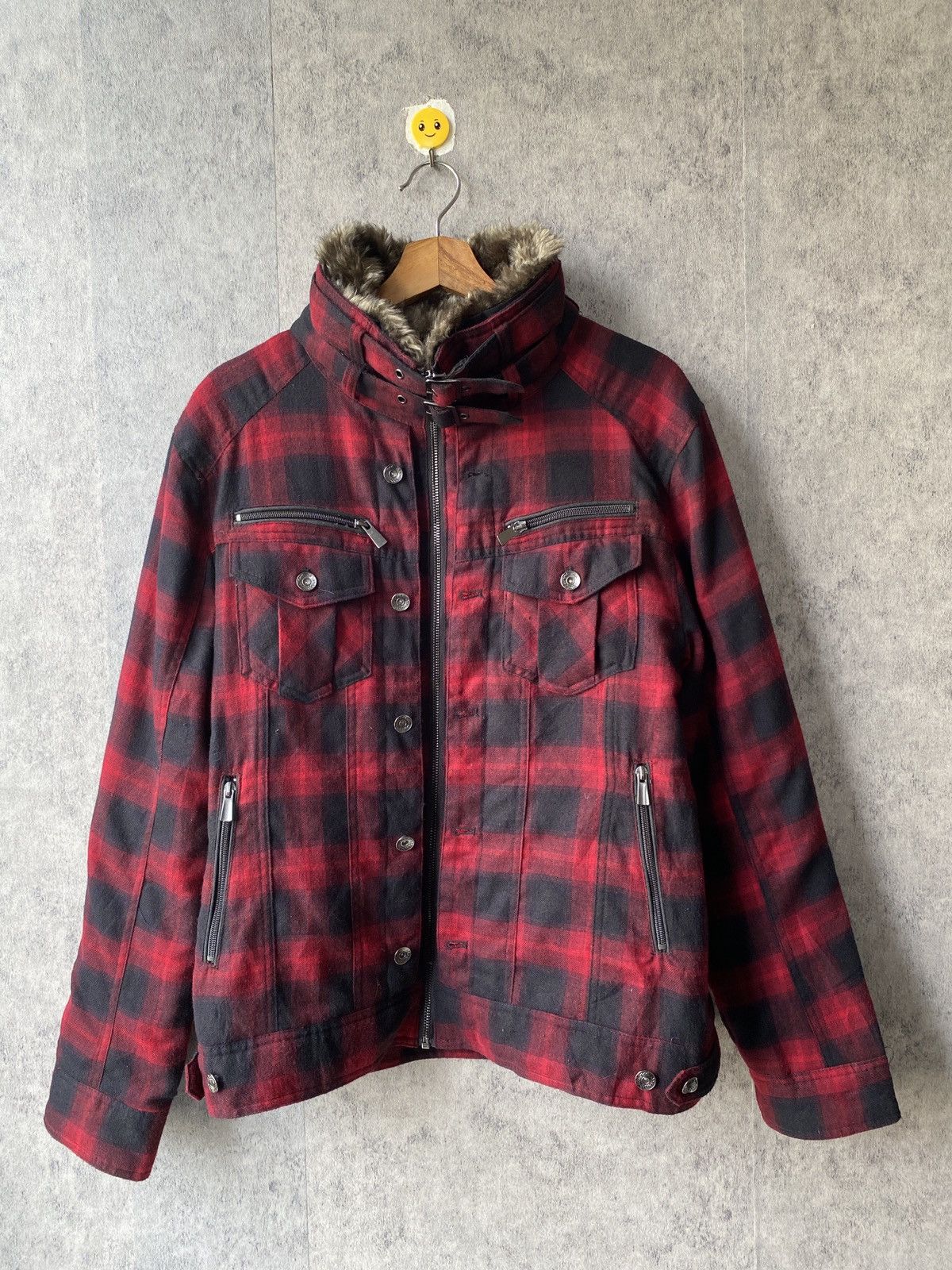 If Six Was Nine Double Focus Red Tartan Design Fur Zipper Jacket Size US L / EU 52-54 / 3 - 4 Thumbnail
