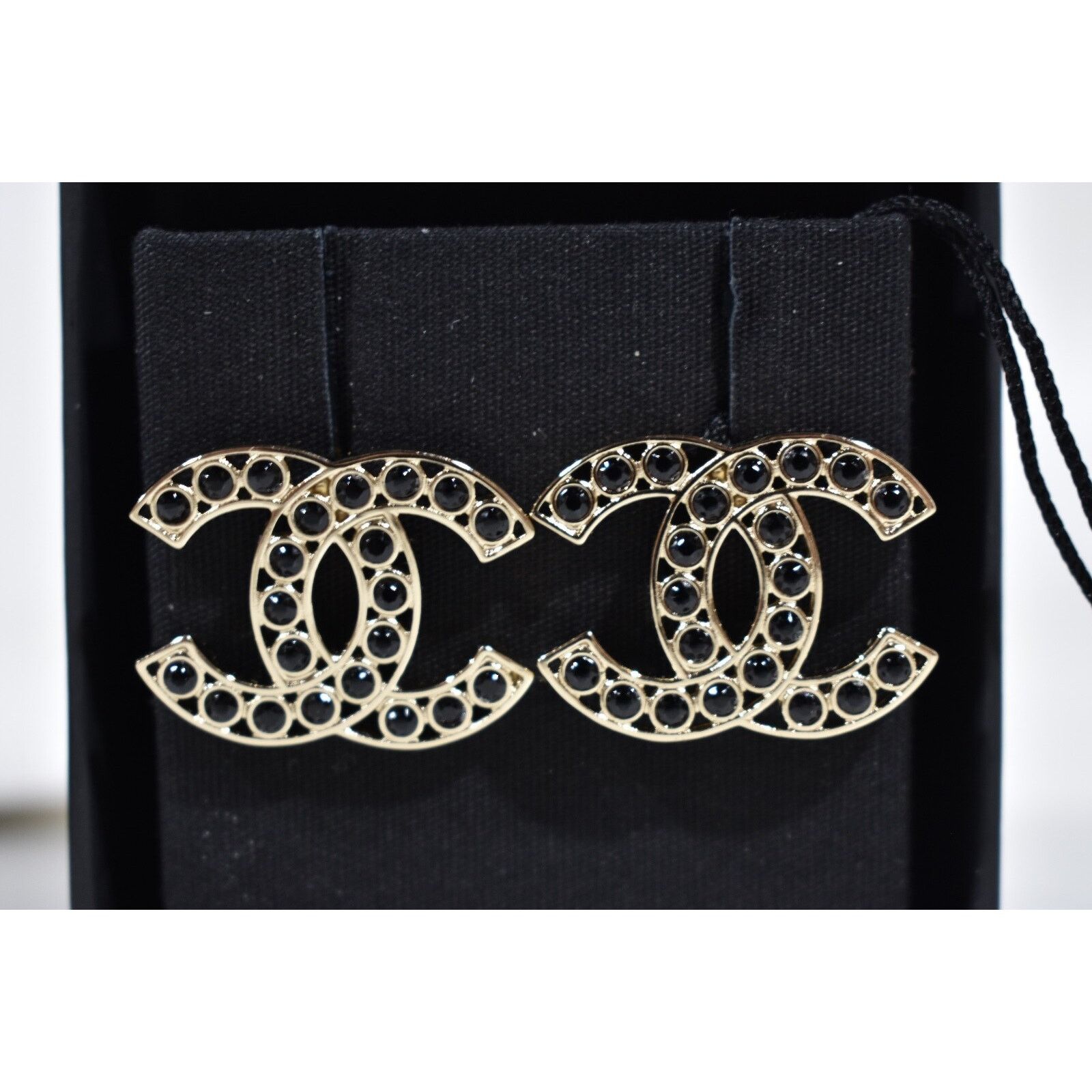 Chanel Chanel Gold Black Interlocking Drop Statement Stud Earrings Size ONE SIZE - 3 Thumbnail