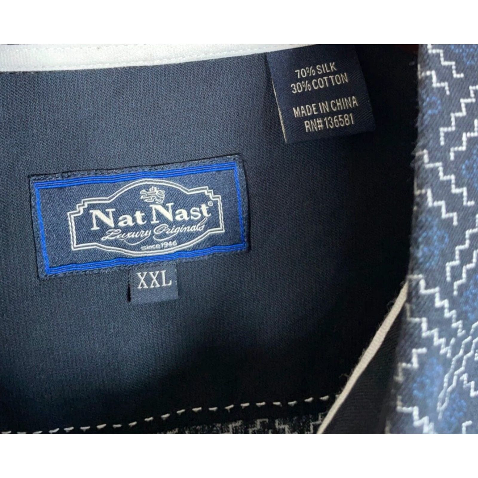 Nat Nast VINTAGE Nat Nast Geometric Shirt Adult 2XL Dark Blue Cotton Silk Blend, Button-Up, Short Sleeve, Collared, Casual, Retro Menswear Size US XXL / EU 58 / 5 - 4 Thumbnail