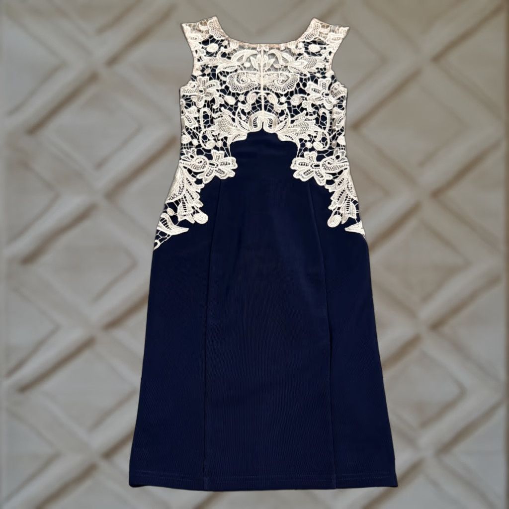 Vintage Lipsy Lace Overlay Dress Women's 4 Midi Sleeveless Blue Beige Navy 90s London Classic Pencil Dress Size S / US 4 / IT 40 - 1 Thumbnail