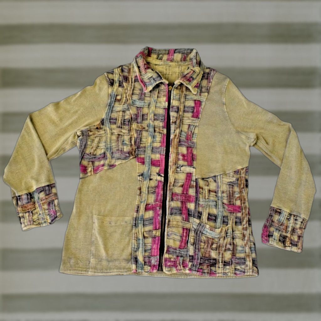 VINTAGE Sweatshirt Size L Yellow Gray Pink Basket Weave Zip Up