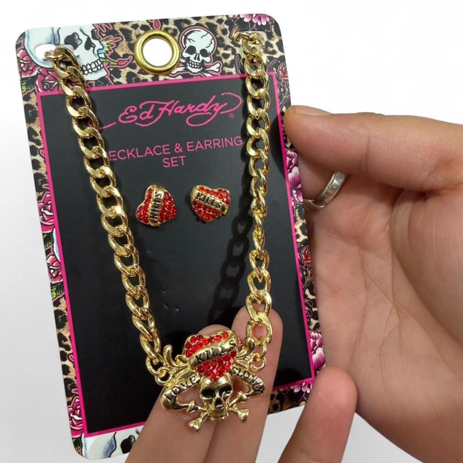 Ed Hardy Ed Hardy red and gold skull design necklace and earring set Size ONE SIZE - 1 Thumbnail