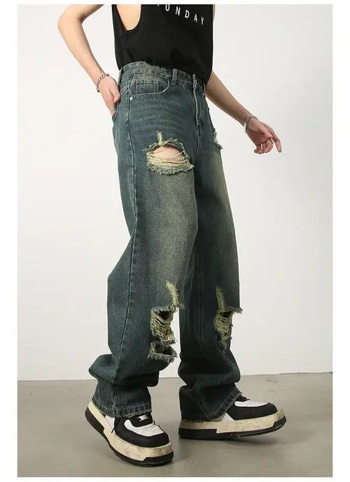 VIBE Japanese retro wide-leg loose straight-leg ripped jeans Size US 32 / EU 48 - 6 Thumbnail
