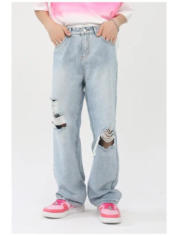 Japanese Brand Misuzu x Riho Men's loose washed straight ripped jeans Size US 32 / EU 48 - 1 Thumbnail