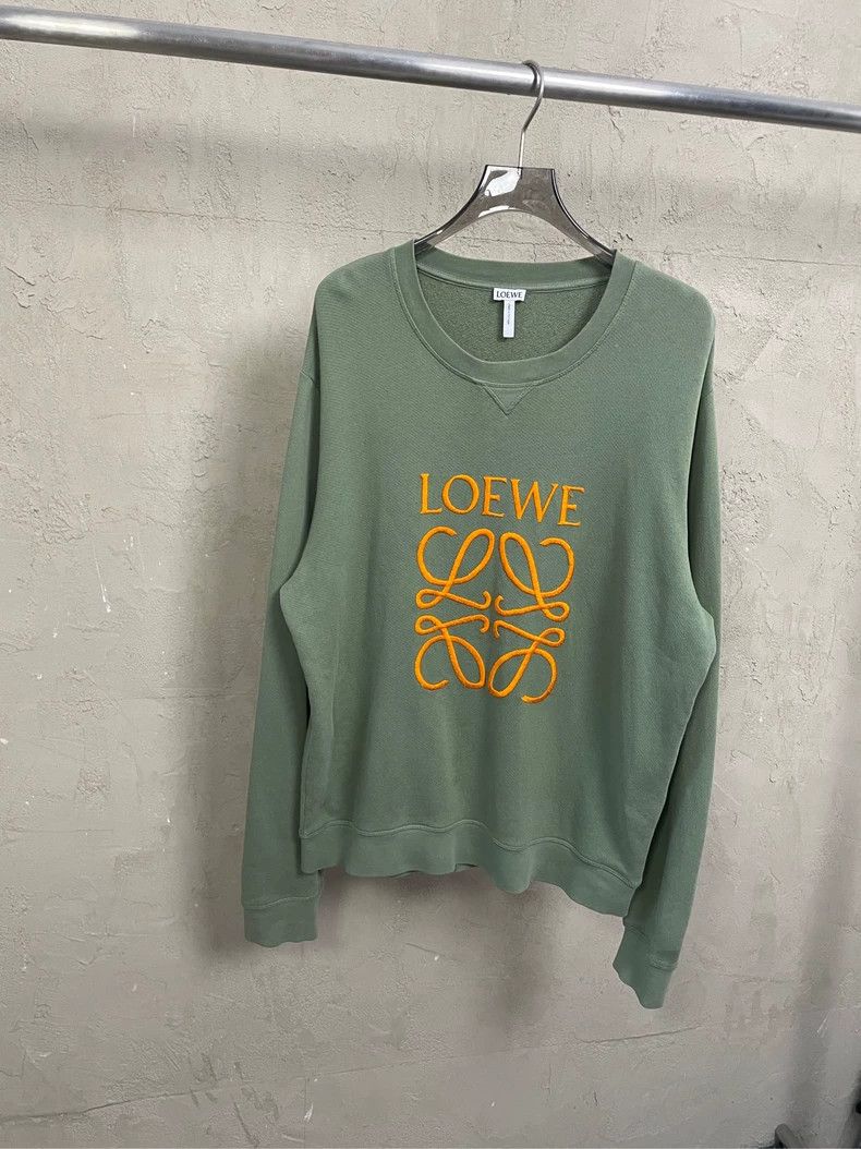 Loewe Grey-green embroidered orange Logo round neck sweate