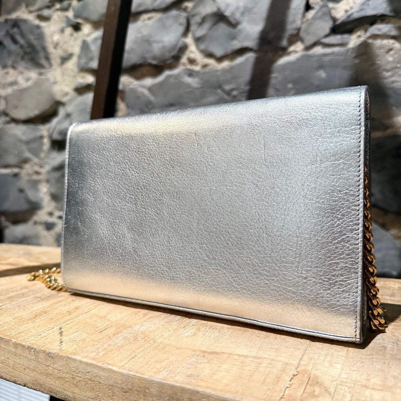 Saint Laurent Paris Saint Laurent Silver Metallic Kate Monogram On Chain Clutch Size ONE SIZE - 5 Thumbnail