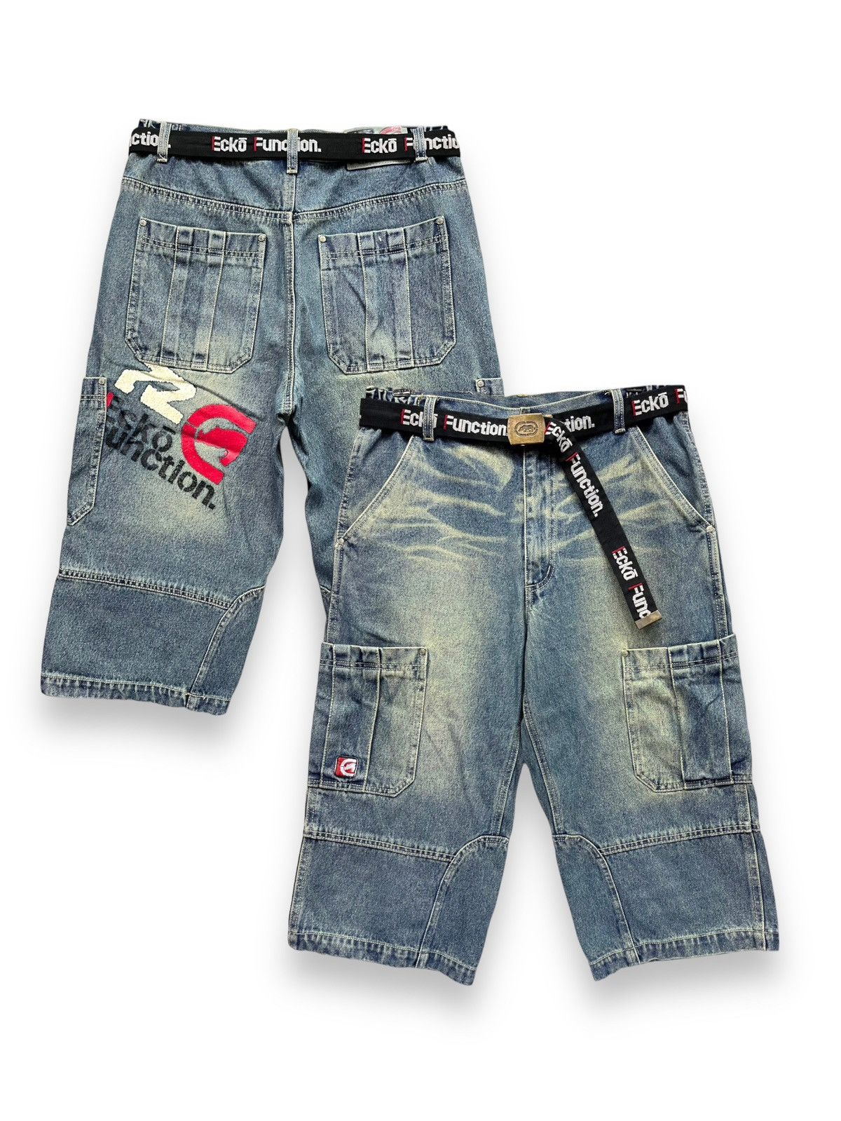 image of Ecko Unltd x Marc Ecko Vintage Ecko Hip-Hop Skate Denim Cargo Shorts With Belt in Blue (Size 30)