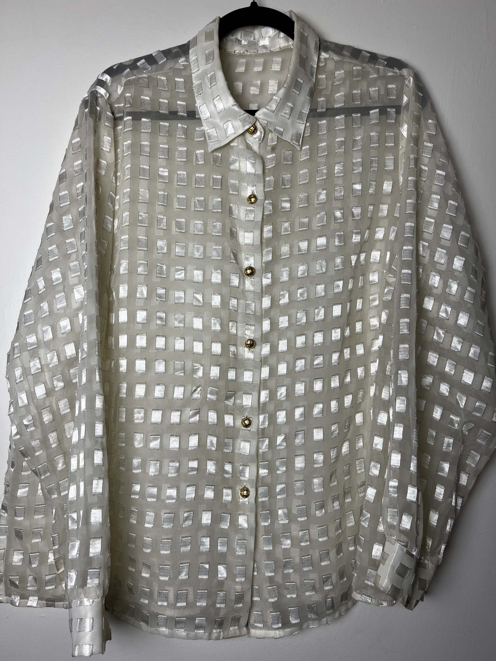 Vintage Vintage 1980's White Gold Block Patterned Sheer Button Up Size L / US 10 / IT 46 - 3 Thumbnail