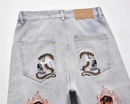 Japanese Brand × Jean Pants Heavy Embroidered Skull Flame Straight Jeans Size US 34 / EU 50 - 3 Thumbnail