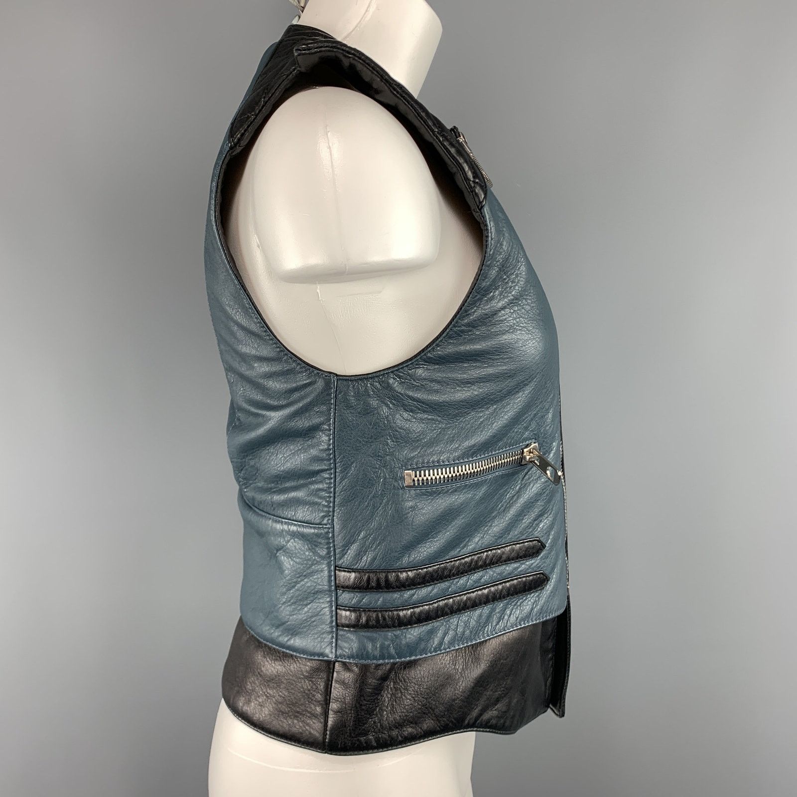 Balenciaga Size 8 Black & Teal Blue Quilted Leather Biker Vest Size US XXS / EU 40 - 5 Thumbnail