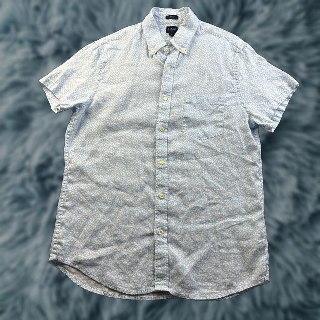 J.Crew J.CREW Shirt Mens M Blue Linen Blend Button Up Polo Casual Activewear Short Sleeve Geometric Pattern Size US M / EU 48-50 / 2 - 1 Thumbnail