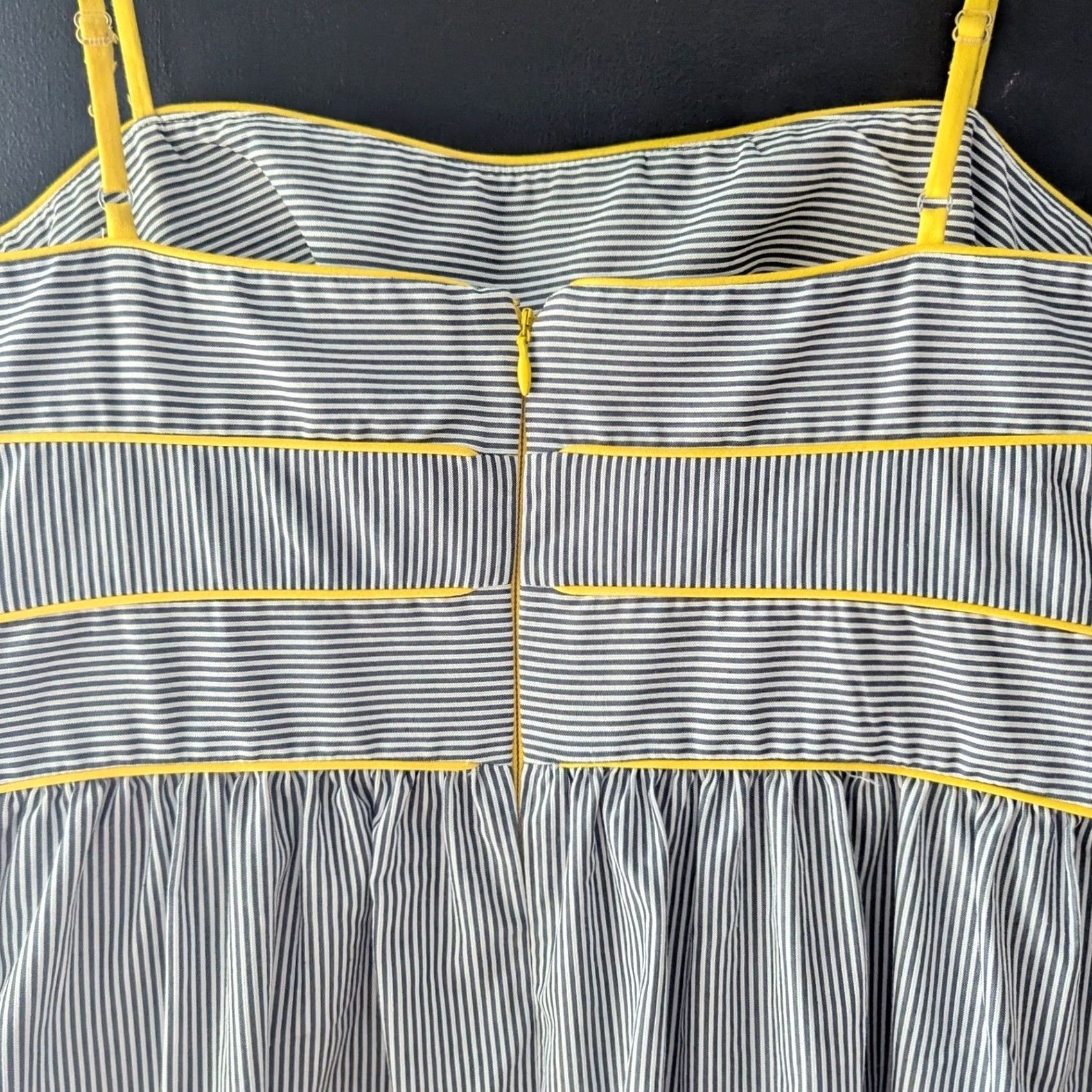 Vintage London Times Striped Dress Women 10 Midi Sleeveless Navy White Yellow Piping Buckle Fit & Flare Sundress Size L / US 10 / IT 46 - 3 Thumbnail