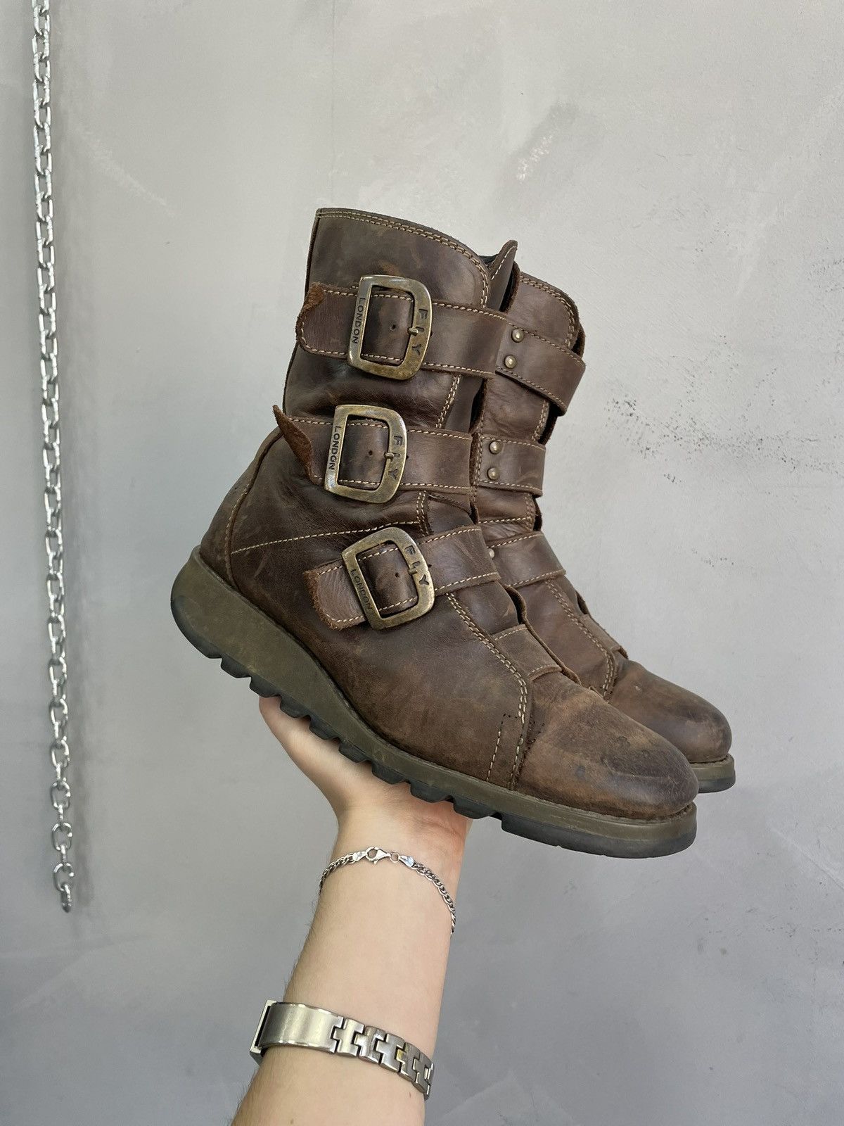Fly london margiela style leather buckle boots belted y2k