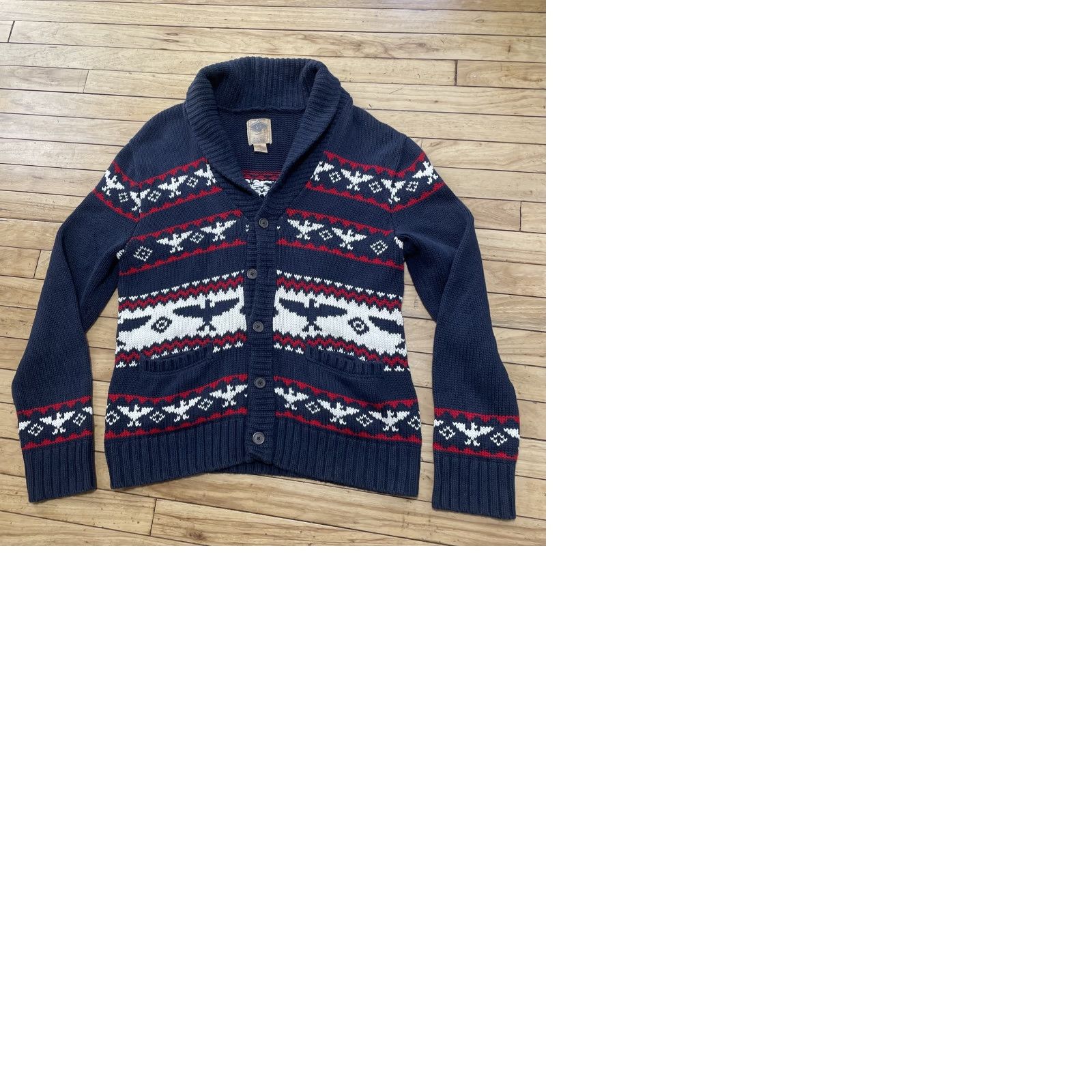 Vintage Salt Valley Cardigan Sweater L Blue Red White Cotton Knit Shawl Collar Casual Mens 90s Lebowski Aztec Fair Isle Pockets Size US L / EU 52-54 / 3 - 11 Thumbnail