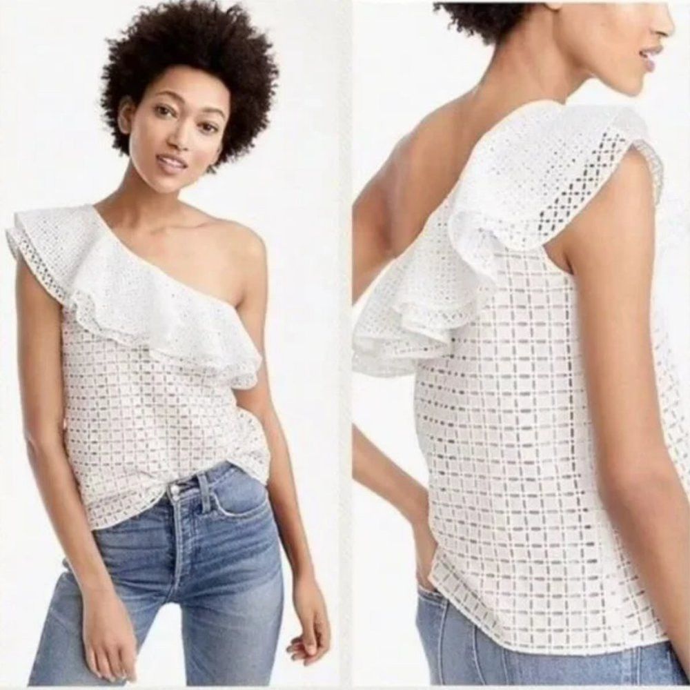 J.Crew J. Crew White One-Shoulder Ruffle Eyelet Cotton Top Size 2 Size XS / US 0-2 / IT 36-38 - 2 Thumbnail