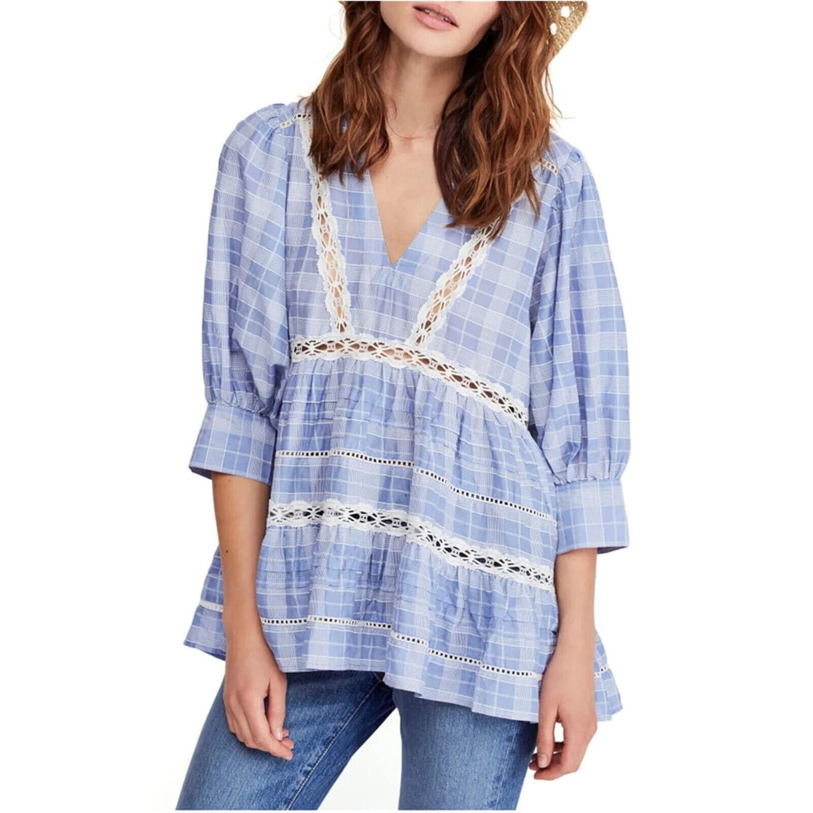 Free People Free People Women XS Blue Out of Time Tunic Blouse Plaid Top Size XS / US 0-2 / IT 36-38 - 1 Thumbnail