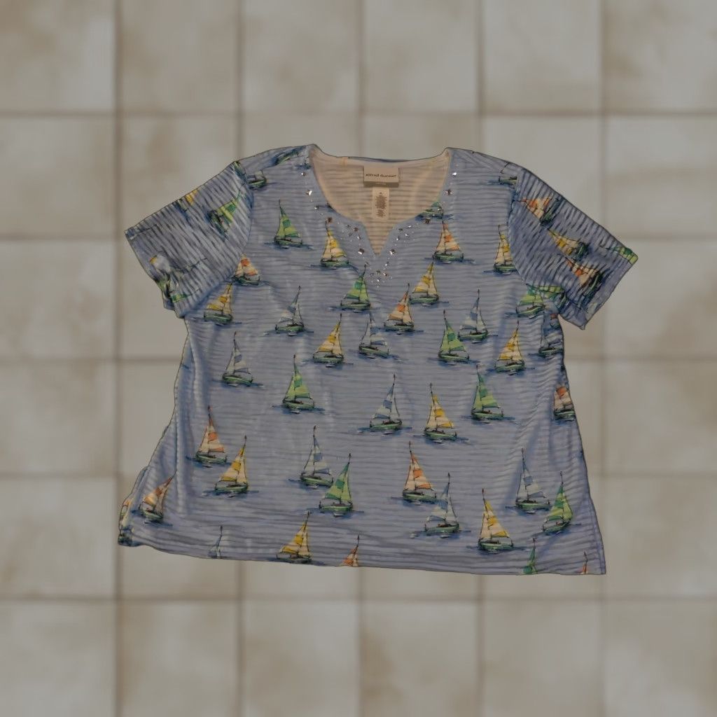 Vintage VINTAGE? No. Alfred Dunner Shirt Womens Petite Large Sailboat Print Embellished Nautical Top Size L / US 10 / IT 46 - 1 Thumbnail