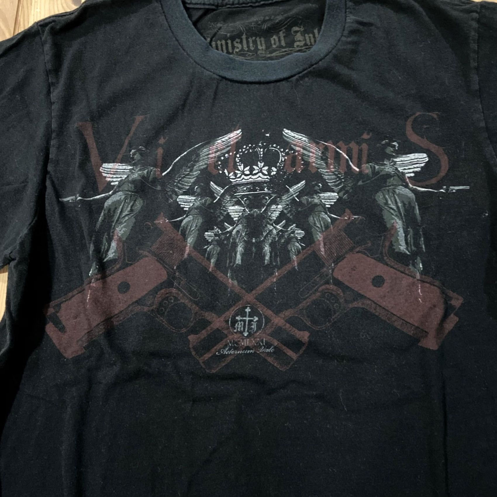 Vintage VINTAGE Ministry Of Ink Grunge Y2K Crown Angel T Shirt Medium Black Cotton Logo 90s Men Short Sleeve Crew Neck Graphic Print Size US M / EU 48-50 / 2 - 2 Thumbnail
