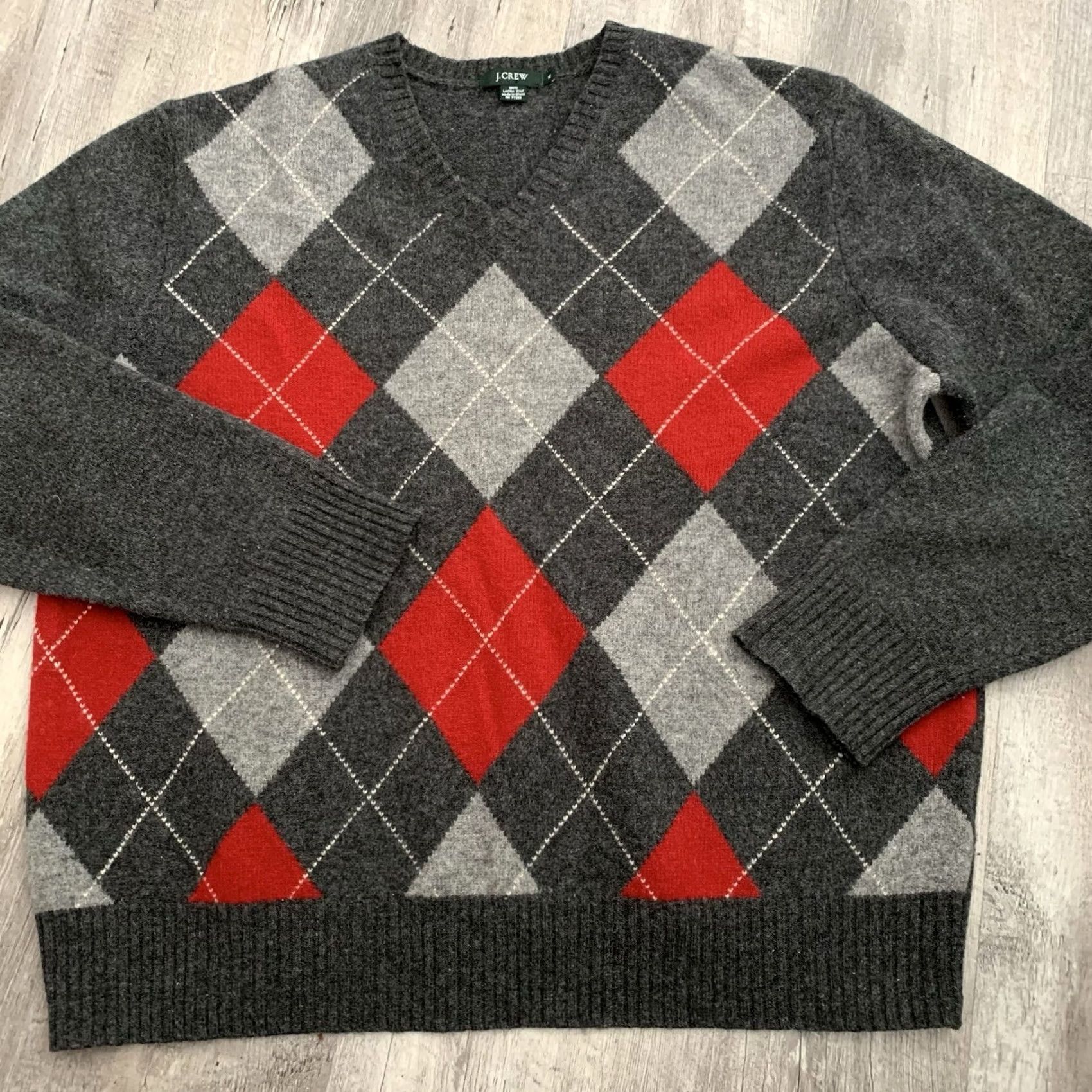 J.Crew VINTAGE J. Crew Sweater Mens XL Gray Red Argyle Lambs Wool V-Neck Pullover Dad Grandpa Size US XL / EU 56 / 4 - 6 Thumbnail