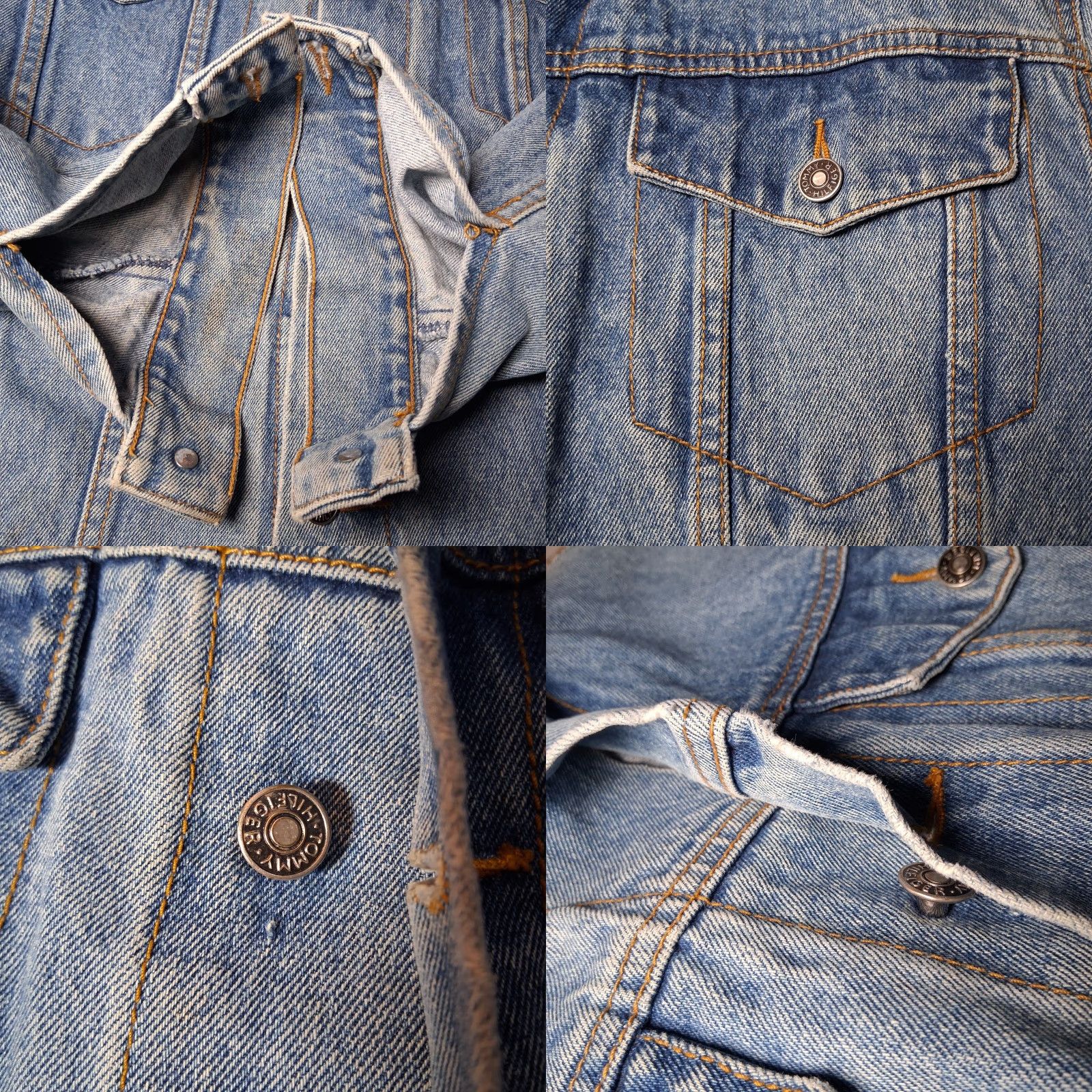 VINTAGE Tommy Hilfiger Jean Jacket Men M Blue Denim Trucker 90s Crest Logo Pocket Short Coat Casual Mens