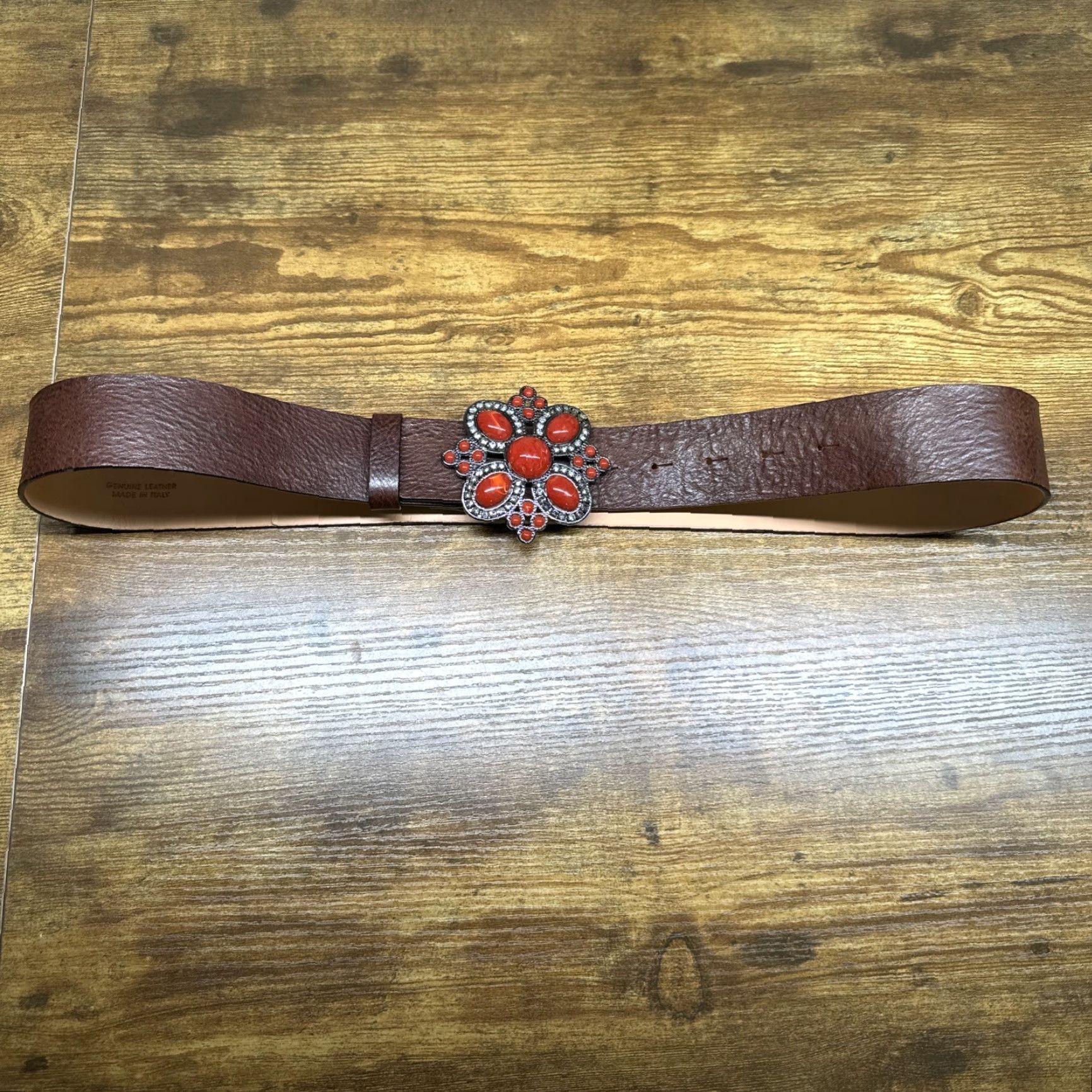 Vintage Harold’s Leather Belt Brown MEDIUM Women Belt M | Red Rhinestones | Made in Italy | Boho Western Designer Fashion Belt Size ONE SIZE - 2 Thumbnail