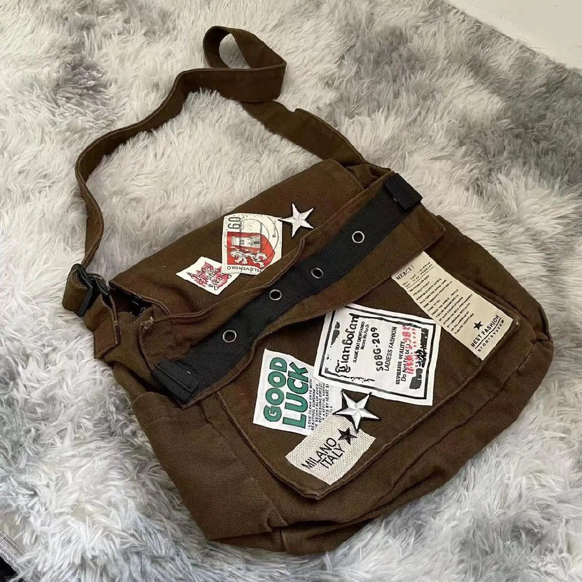 Vintage Brown Old School Style Star Patch Canvas Students School Bag Size ONE SIZE - 1 Thumbnail