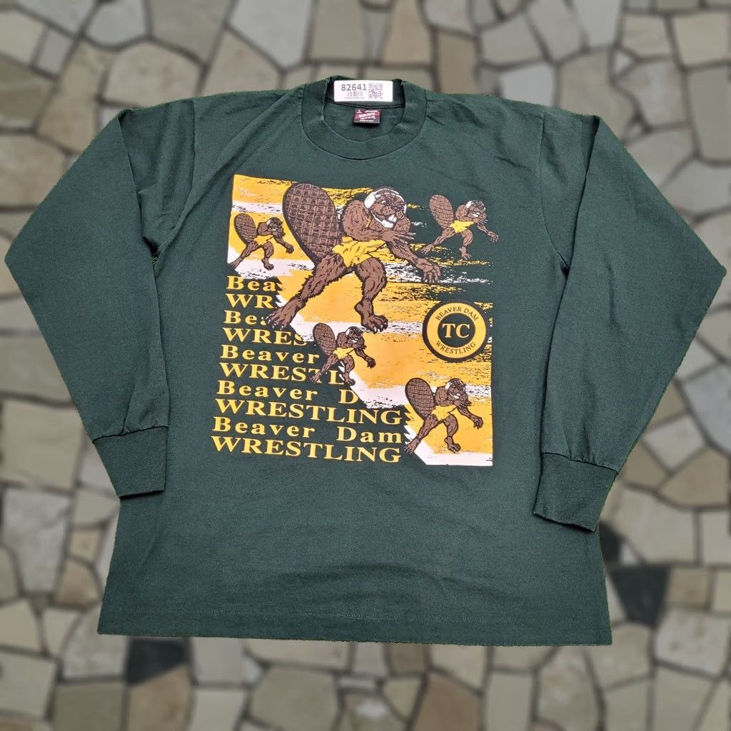 Fruit Of The Loom VINTAGE Beaver-Dam Wrestling Shirt M/L Green 21x26 Graphic Tee Men Size US L / EU 52-54 / 3 - 1 Thumbnail