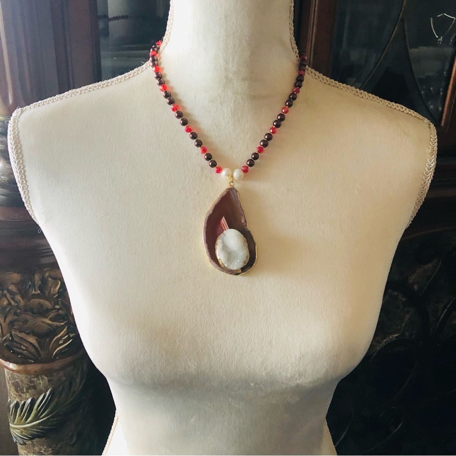 Handmade Handcrafted repurpose drusy agate slab Pearl necklace Size ONE SIZE - 7 Thumbnail