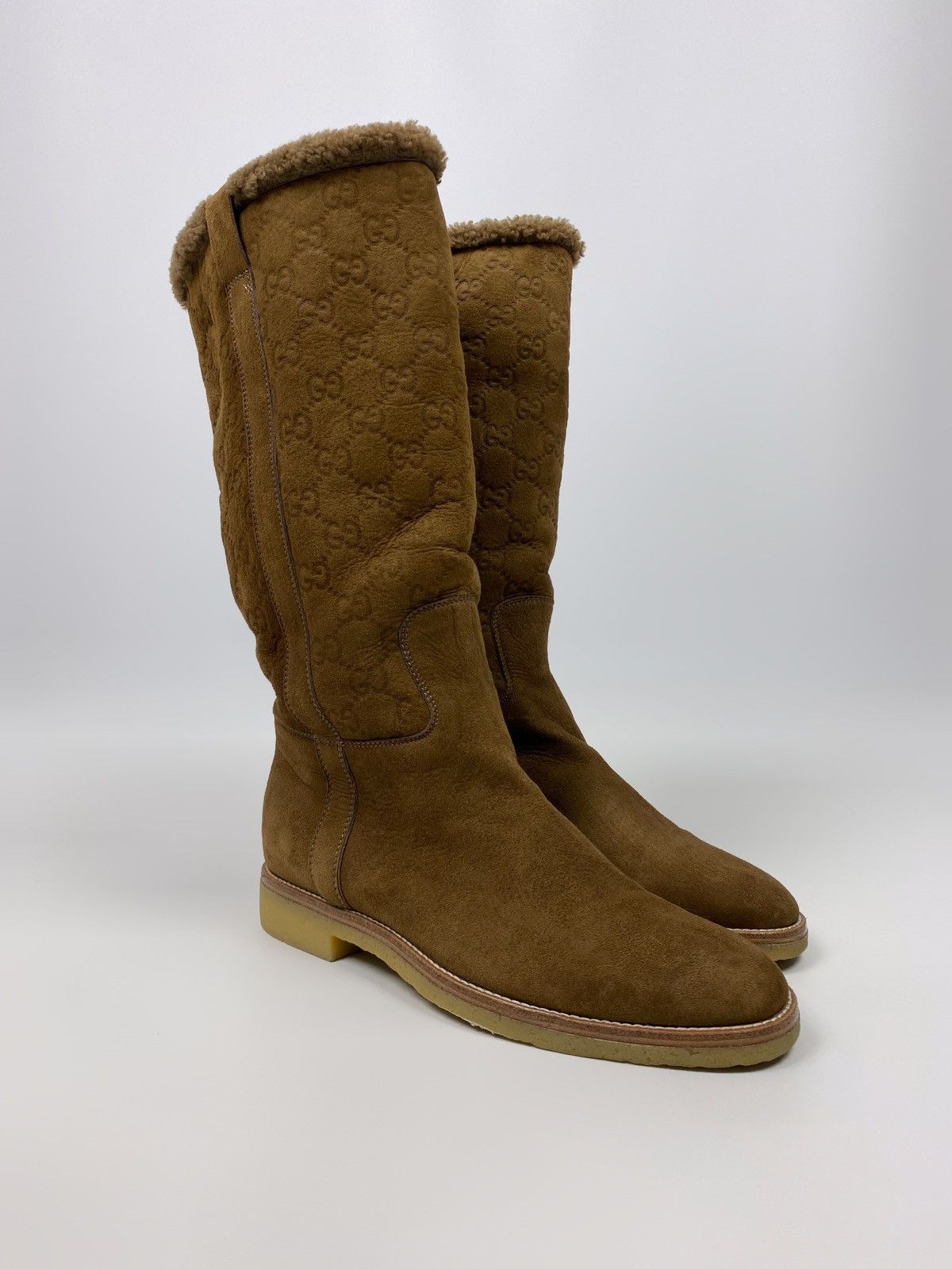 Gucci Guccissima GG Brown Suede Knee High Fur Lined Boots