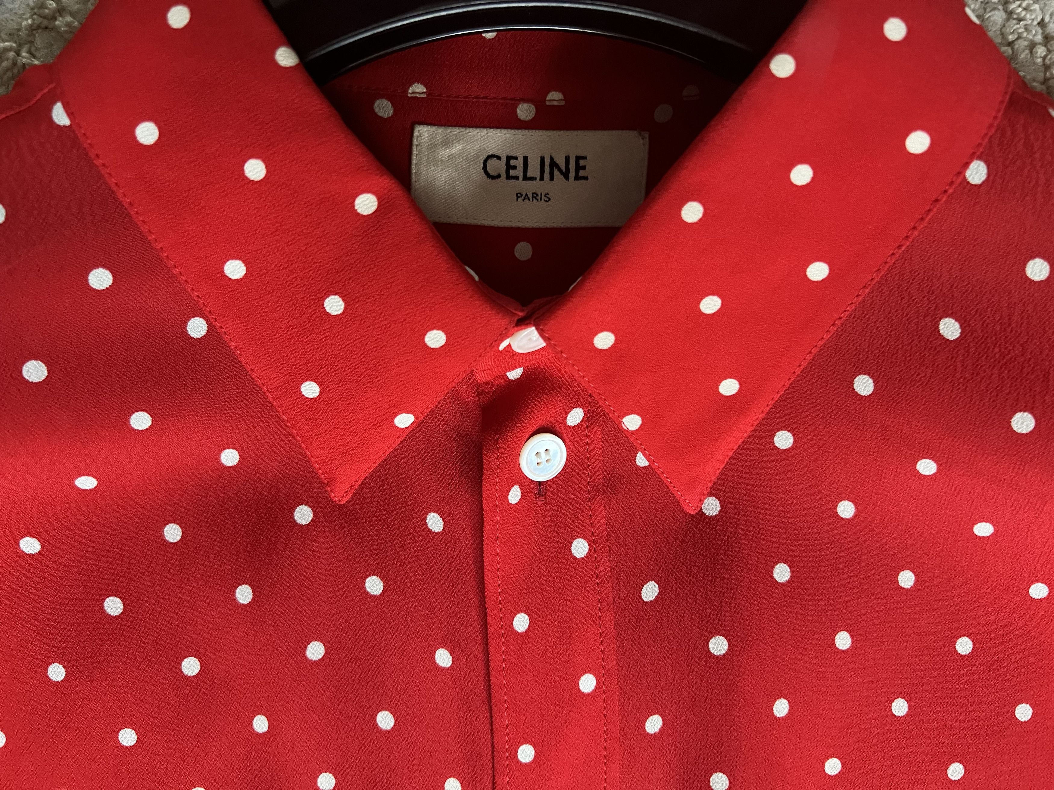 Celine × Hedi Slimane Celine Red Silk White Polka Dot Shirt Size M / US 6-8 / IT 42-44 - 3 Thumbnail