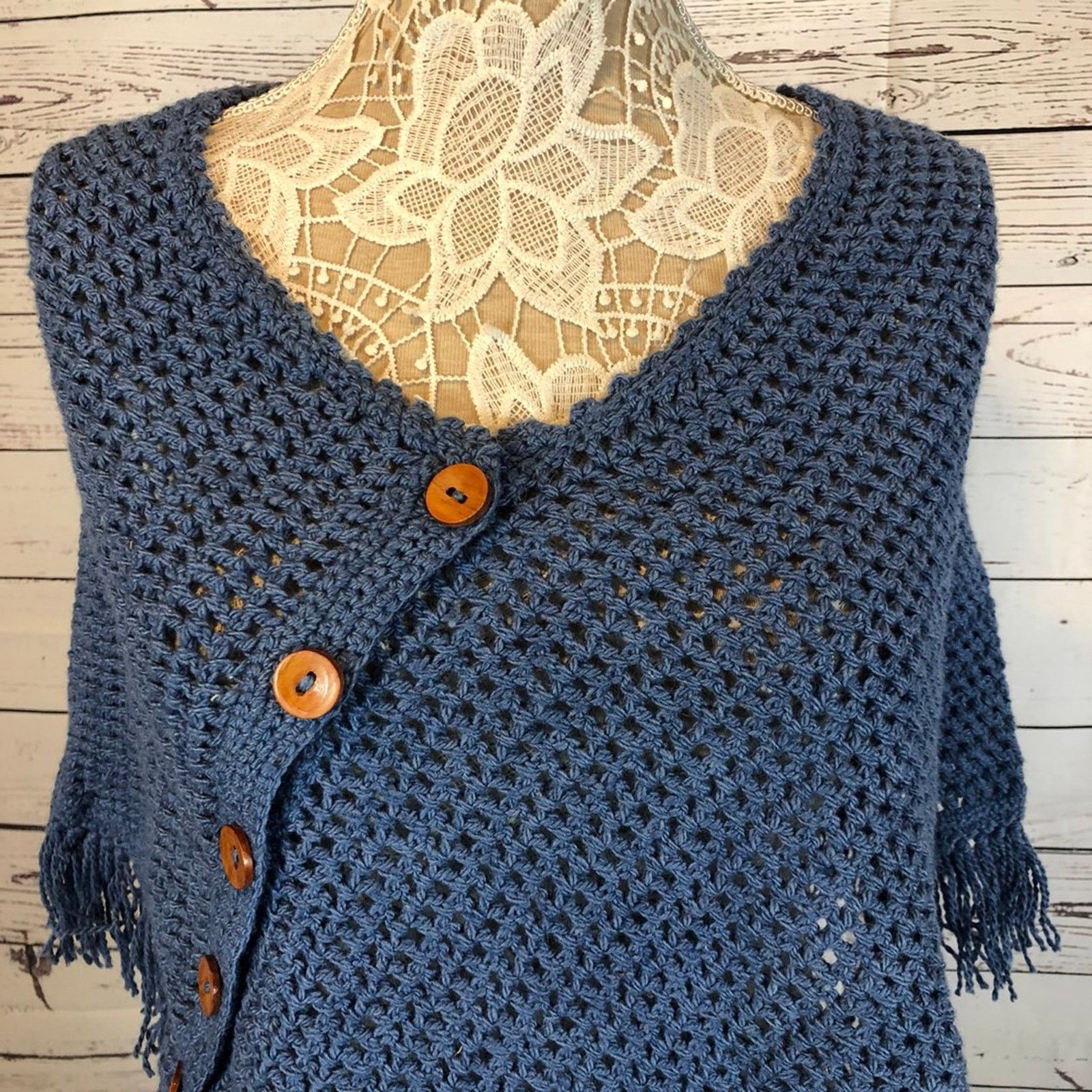 Handmade Carolina•Arce•Seifert knit shawl blue vintage looking Size S / US 4 / IT 40 - 3 Thumbnail
