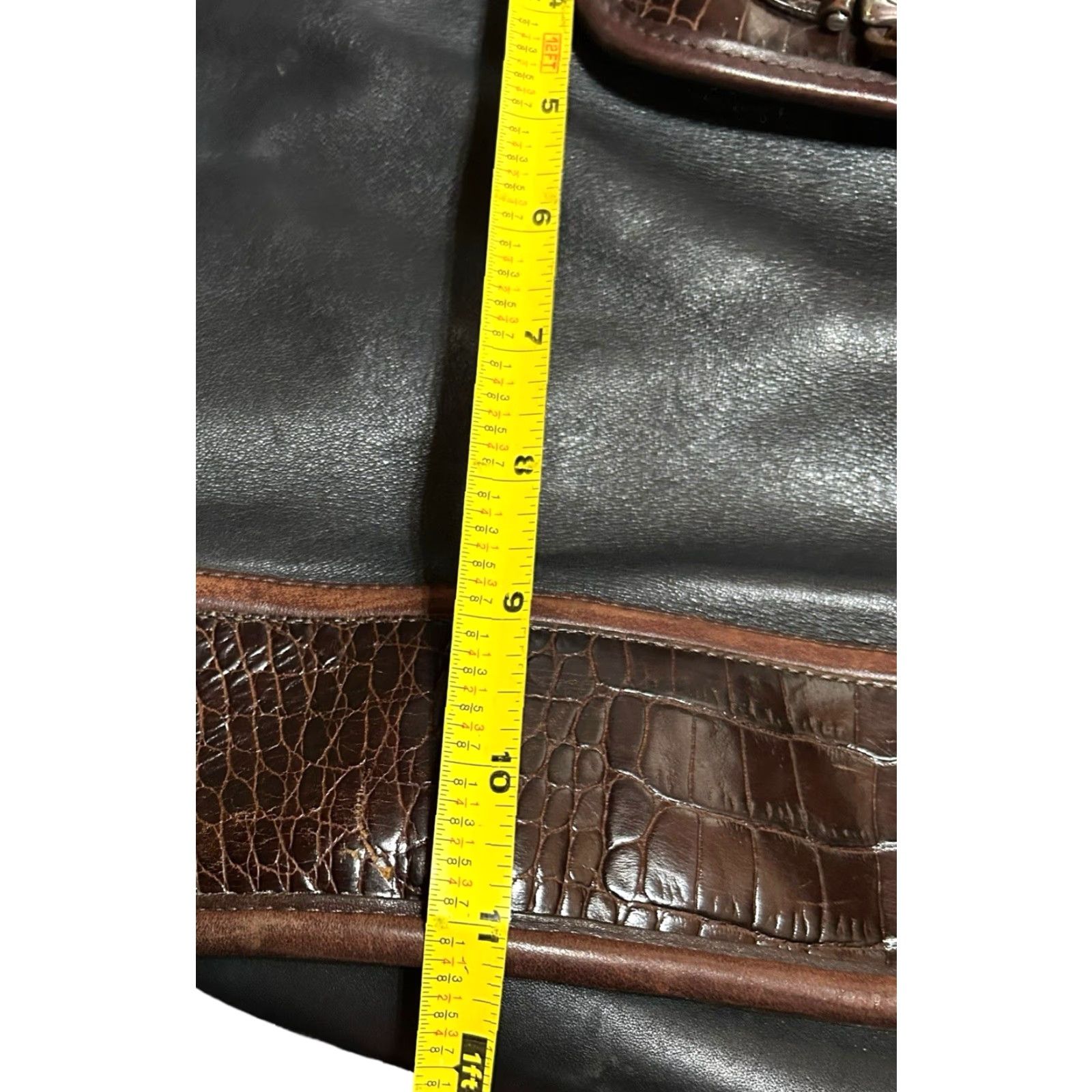 Brighton VINTAGE Brighton Queen of Love Croc Leather Shoulder Bag Tote Purse Black Brown Women’s Bag Charm Silver Hardware 12in 12in Size ONE SIZE - 7 Thumbnail