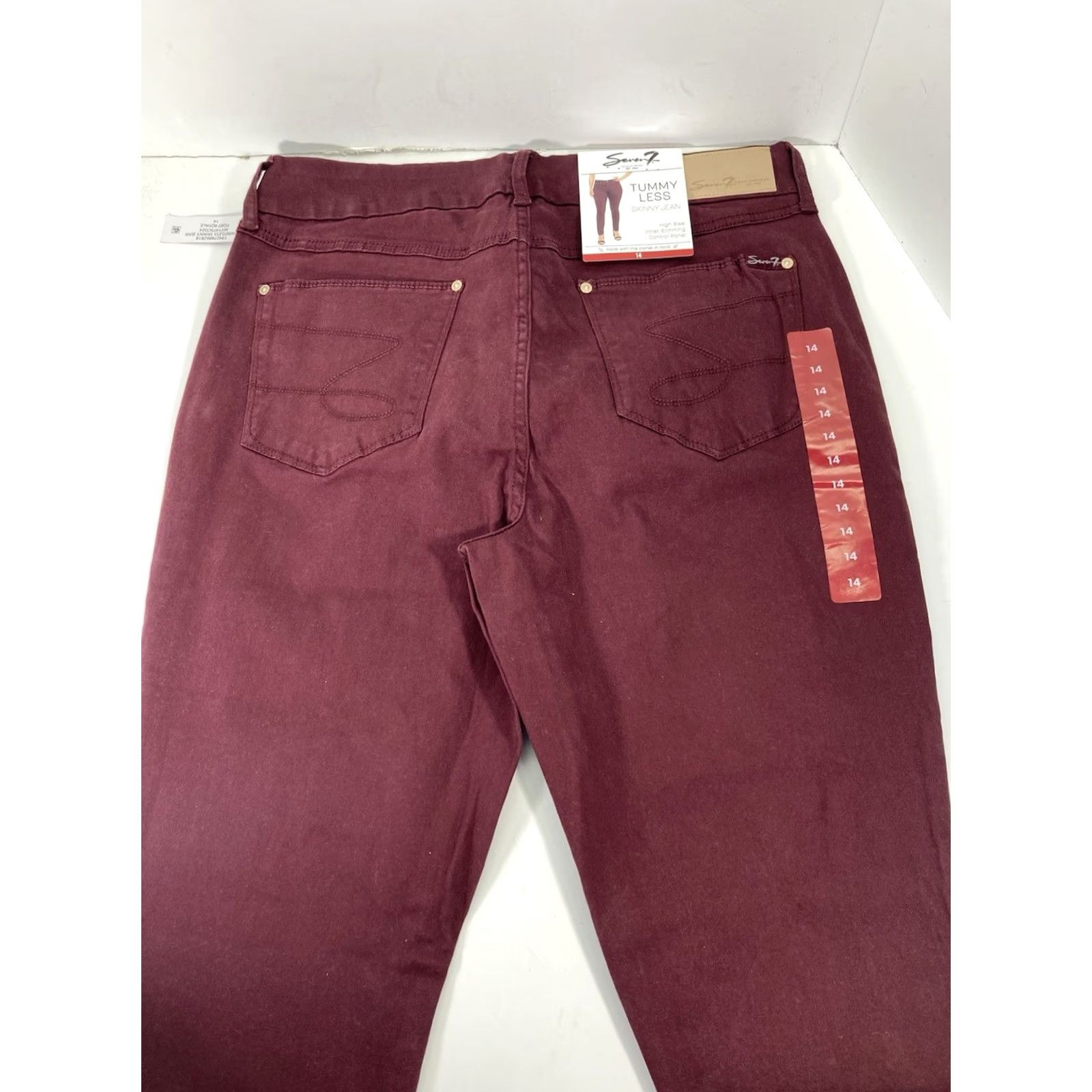 Vintage Seven7 Tummy Less Skinny Jeans Women 14 32X31 Maroon Denim High Rise Stretch NWT Jeans Women Size 36" / US 14 / IT 50 - 7 Thumbnail