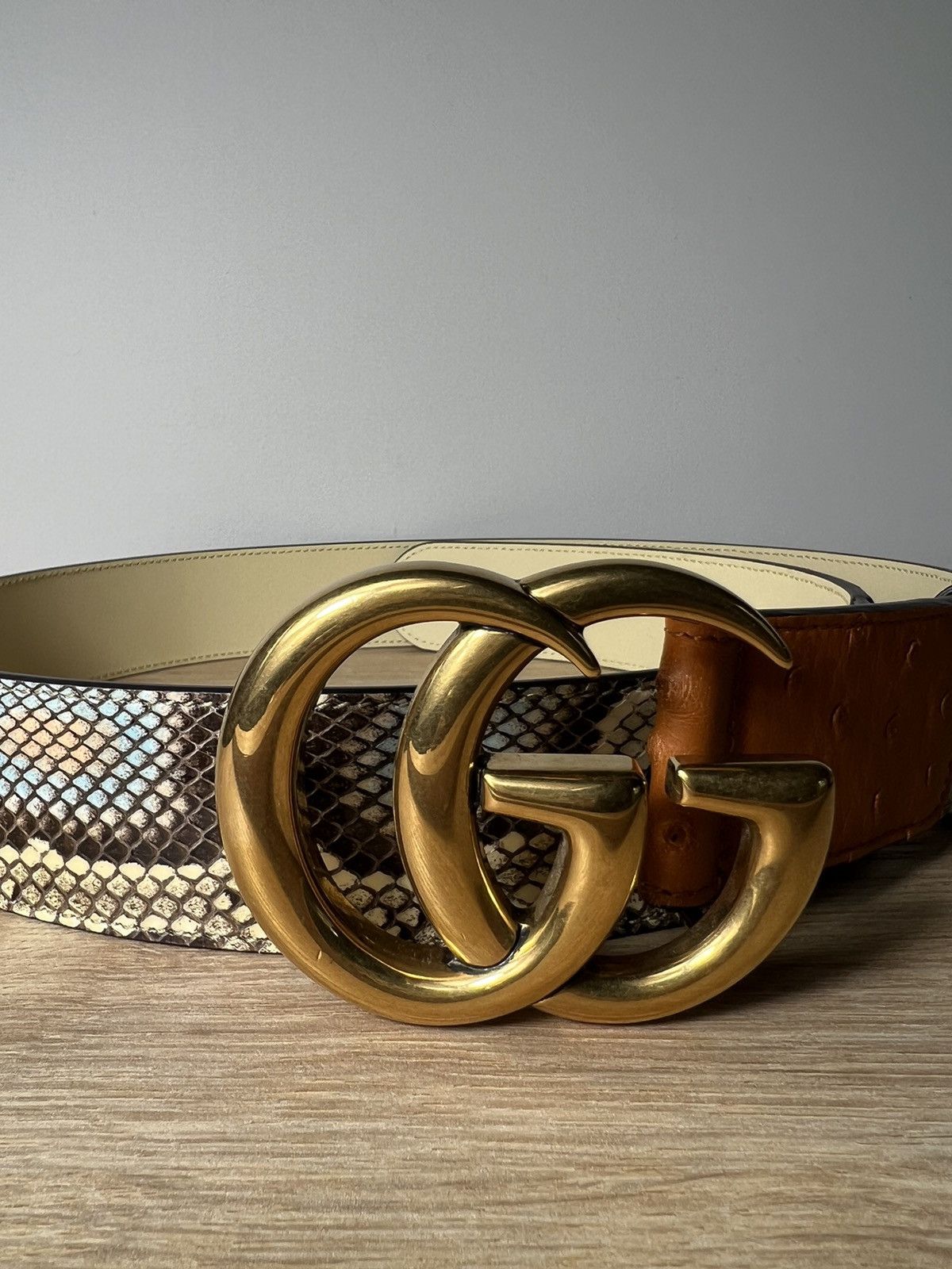 image of Gucci Double G Wide Ostrich Belt in Brown, Women's
