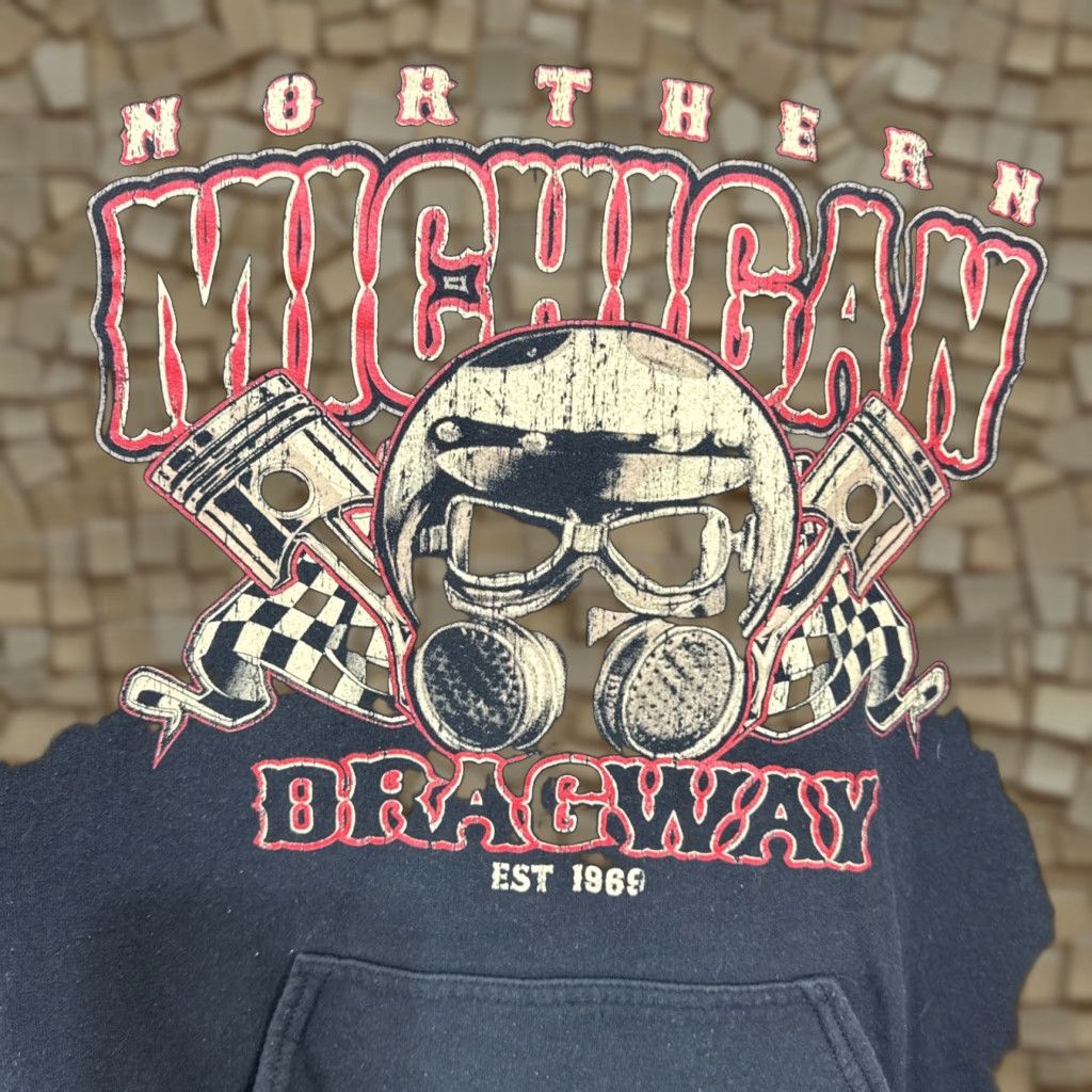 Gildan Vintage NORTHERN MICHIGAN DRAGWAY HOODIE NMDRAGWAY Gas Mask Checkered Flag M Size US M / EU 48-50 / 2 - 1 Thumbnail