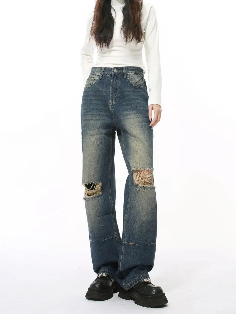 Japanese Brand Retro loose straight leg ripped jeans Size US 30 / EU 46 - 4 Thumbnail