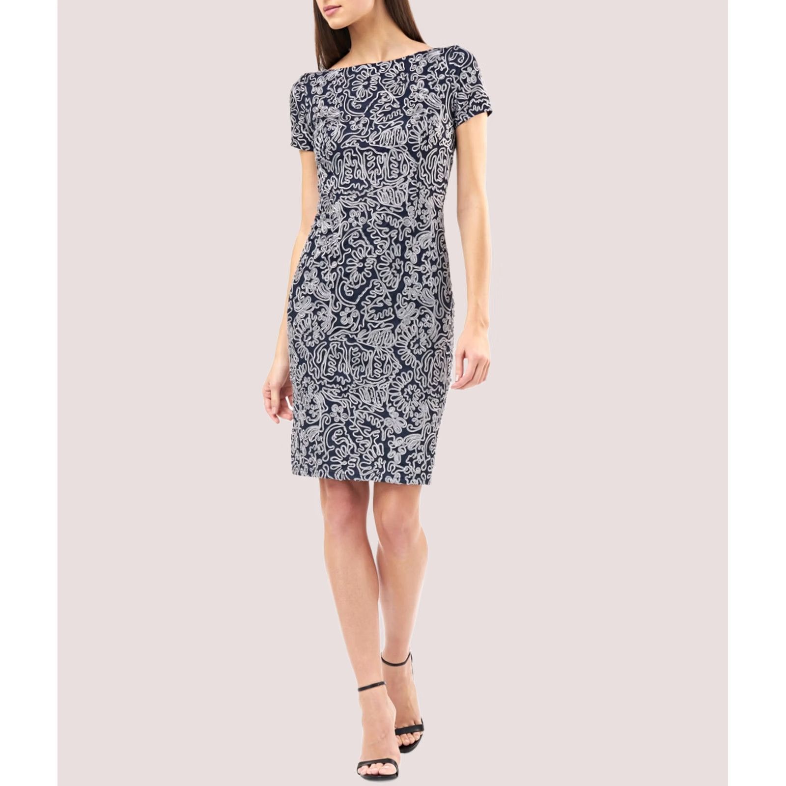 Vintage JS Collections Womens Embroidered Sheath Dress Size 10 navysilver Size L / US 10 / IT 46 - 1 Thumbnail