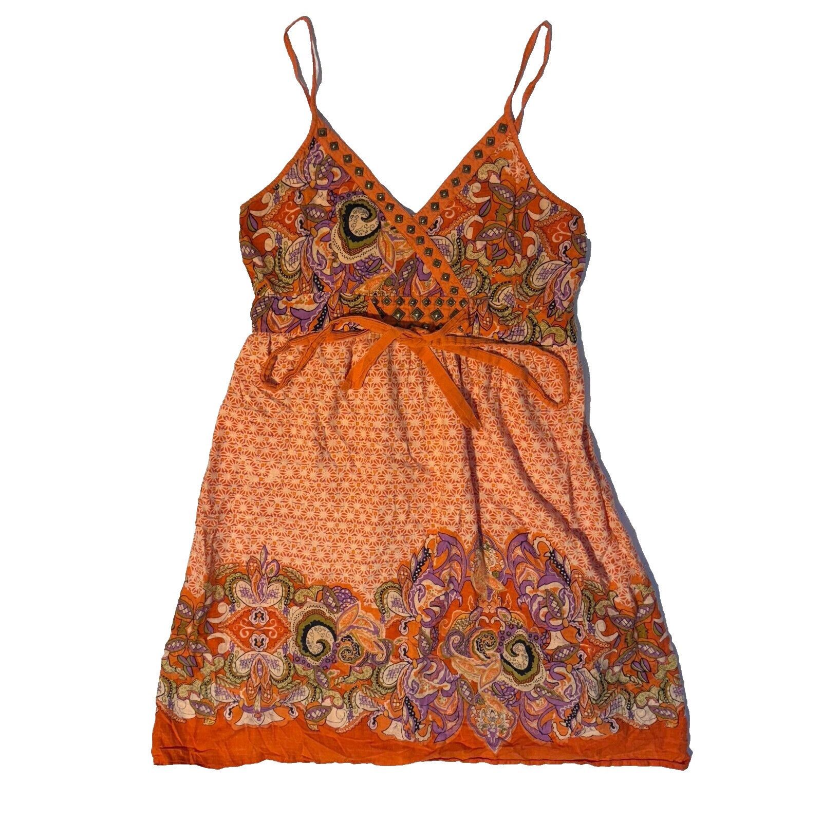 Other Magic Y2K Orange Paisley Sun Dress 1X Studded Sphagetti Stra Size L / US 10 / IT 46 - 1 Thumbnail
