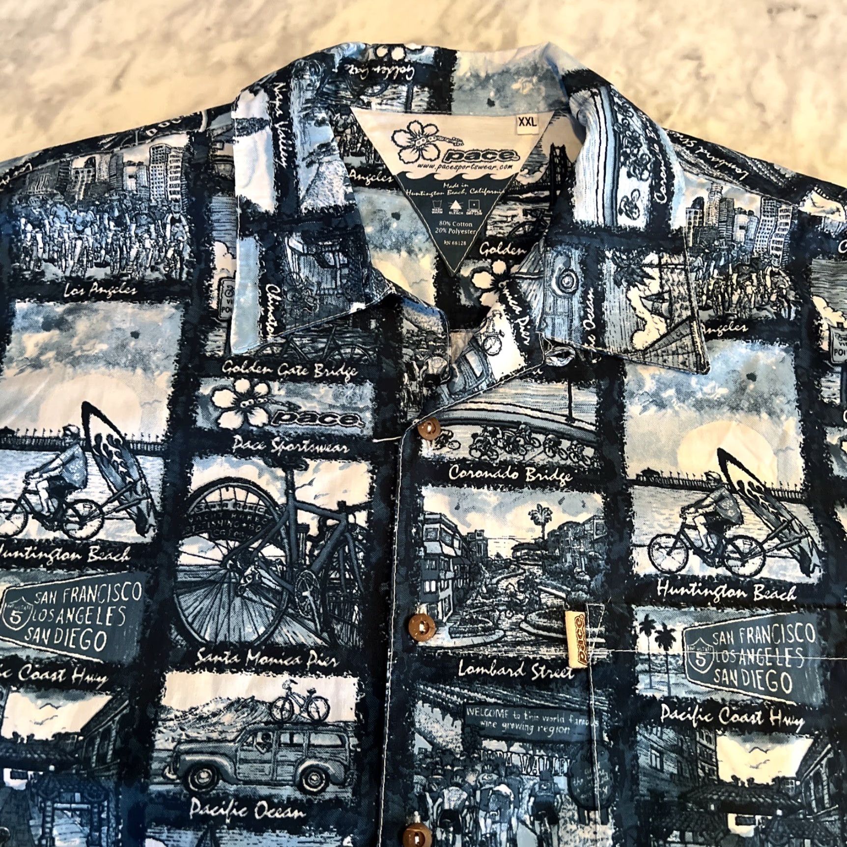 Vintage Pace Sports Wear Men’s XXL Button Short Sleeve Blue White Pacific Ocean Napa SF Shirt Adult XX Large Casual, Travel Size US 39 - 4 Thumbnail