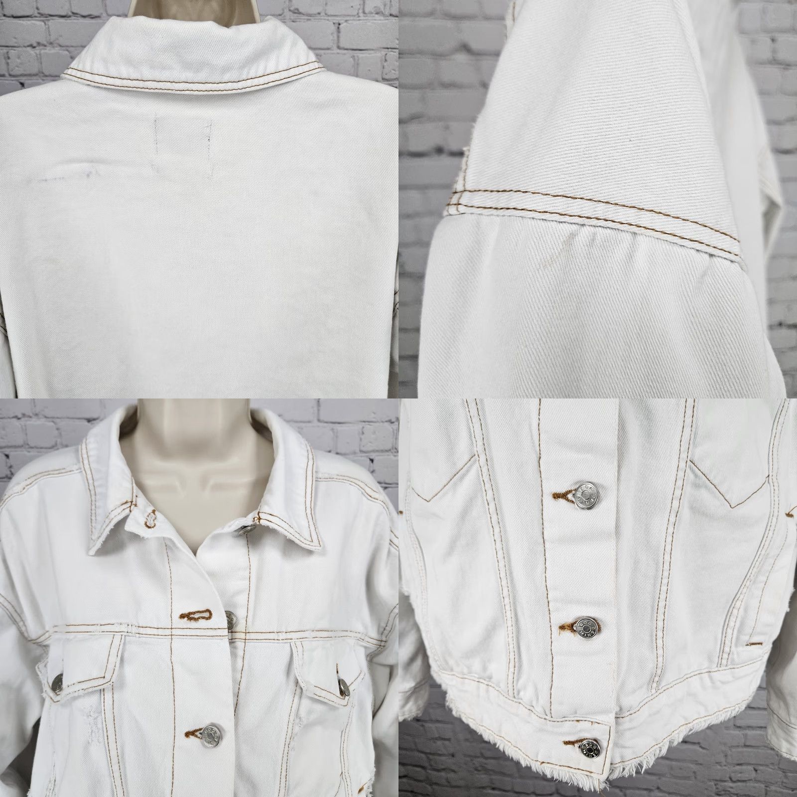 Bdg BDG Jacket Women's Denim White 100% Cotton Oversized Buttoned Distressed Large L 90s Fringe Pockets Collared Short Length Casual Chic Size 36" / US 14 / IT 50 - 8 Thumbnail