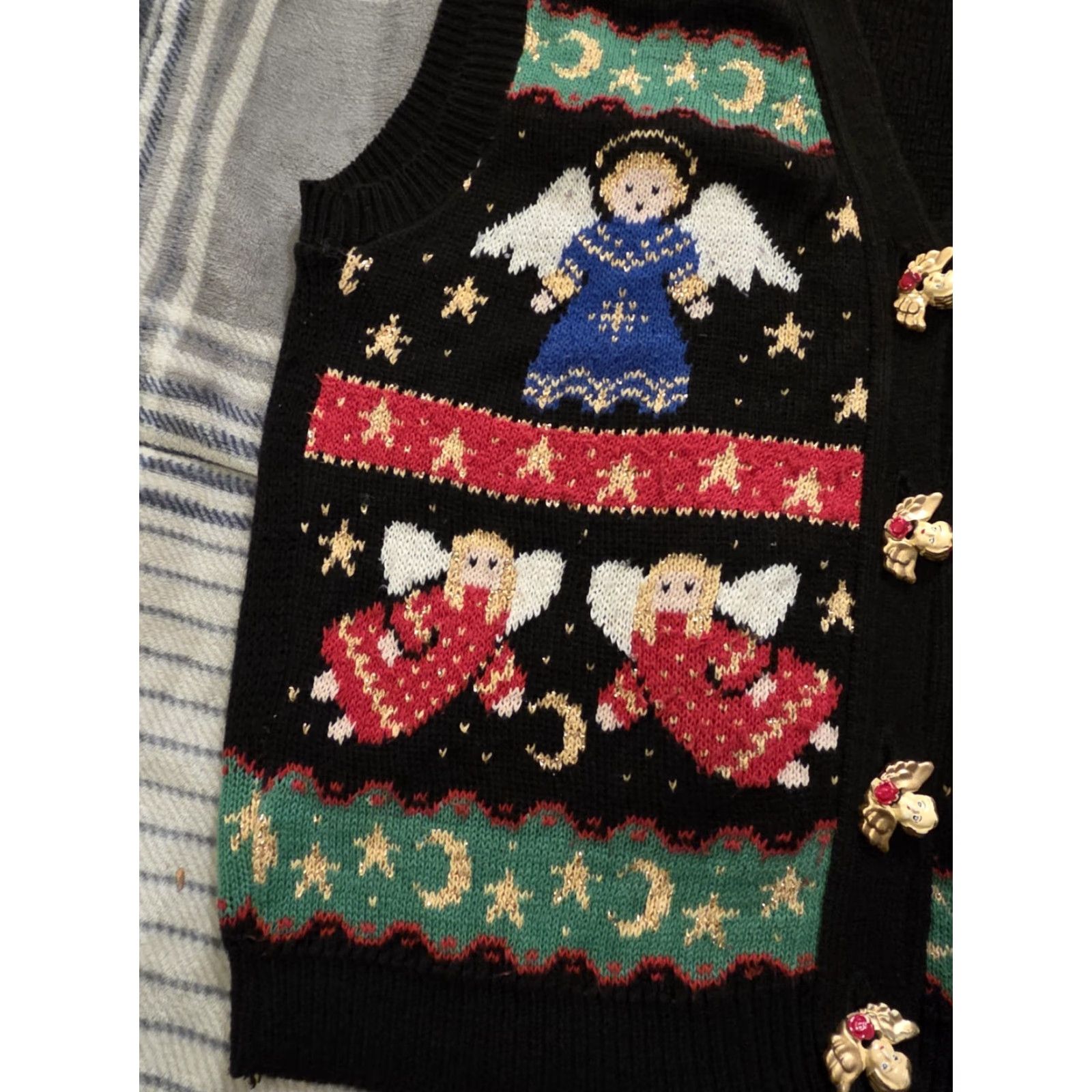 Loft VINTAGE Sweater Loft Knit Cardigan Vest Womens M Black Sleeveless V-Neck Embroidered Button Christmas 90s Religion Casual Party/Cocktail Size M / US 6-8 / IT 42-44 - 4 Thumbnail