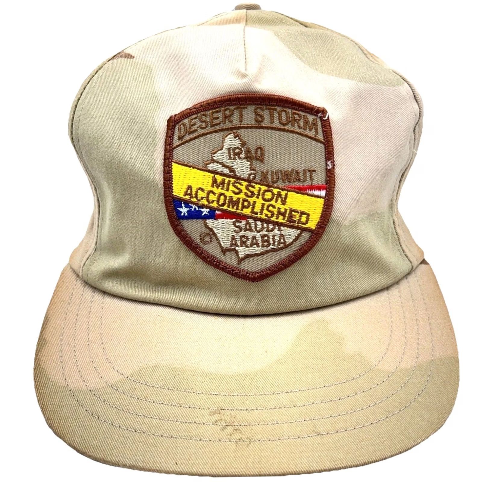 Vintage VINTAGE Desert Storm Hat Cap Snap Back USA Tan Military Army Camo Patch War 90s Mens Adjustable Brown Twill Cotton Hat Size ONE SIZE - 2 Thumbnail