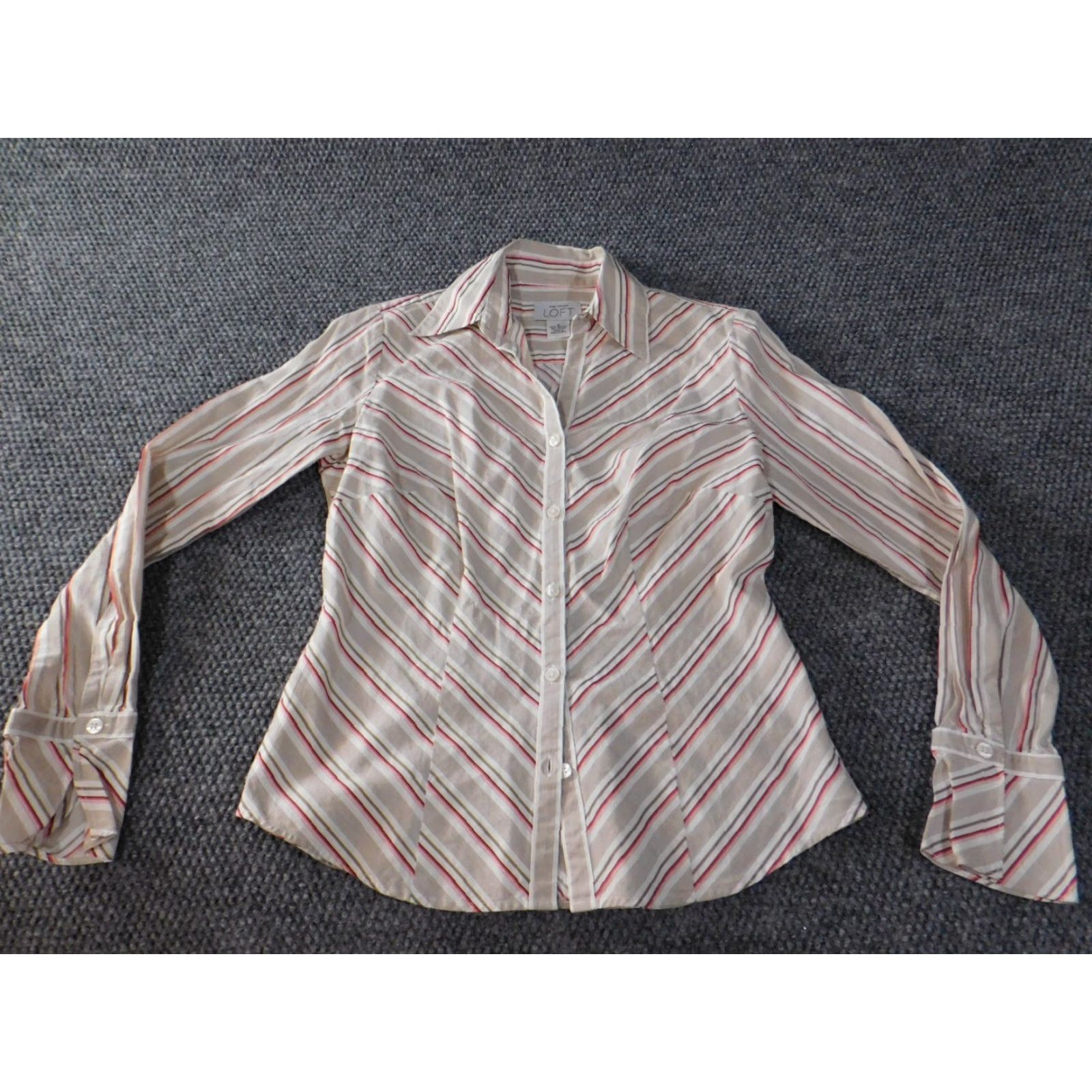Ann Taylor Ann Taylor Loft Womens Blouse Small beige striped Button-Up top rayon office Size S / US 4 / IT 40 - 2 Thumbnail