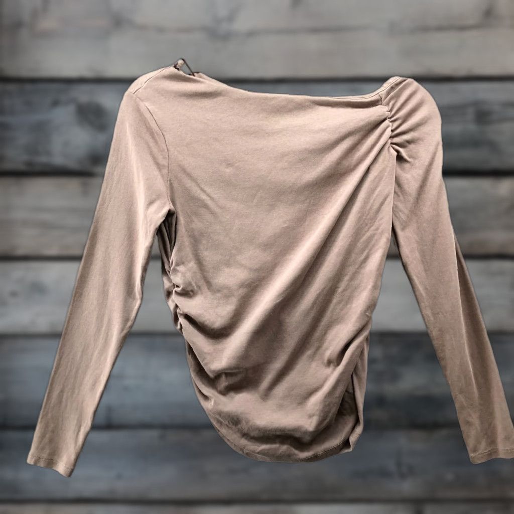 Zara Zara T-Shirt Womens M Asymmetric Long Sleeve Boat Neck Beige - Cotton Spandex Knit Basic Shirt Casual Size M / US 6-8 / IT 42-44 - 1 Thumbnail