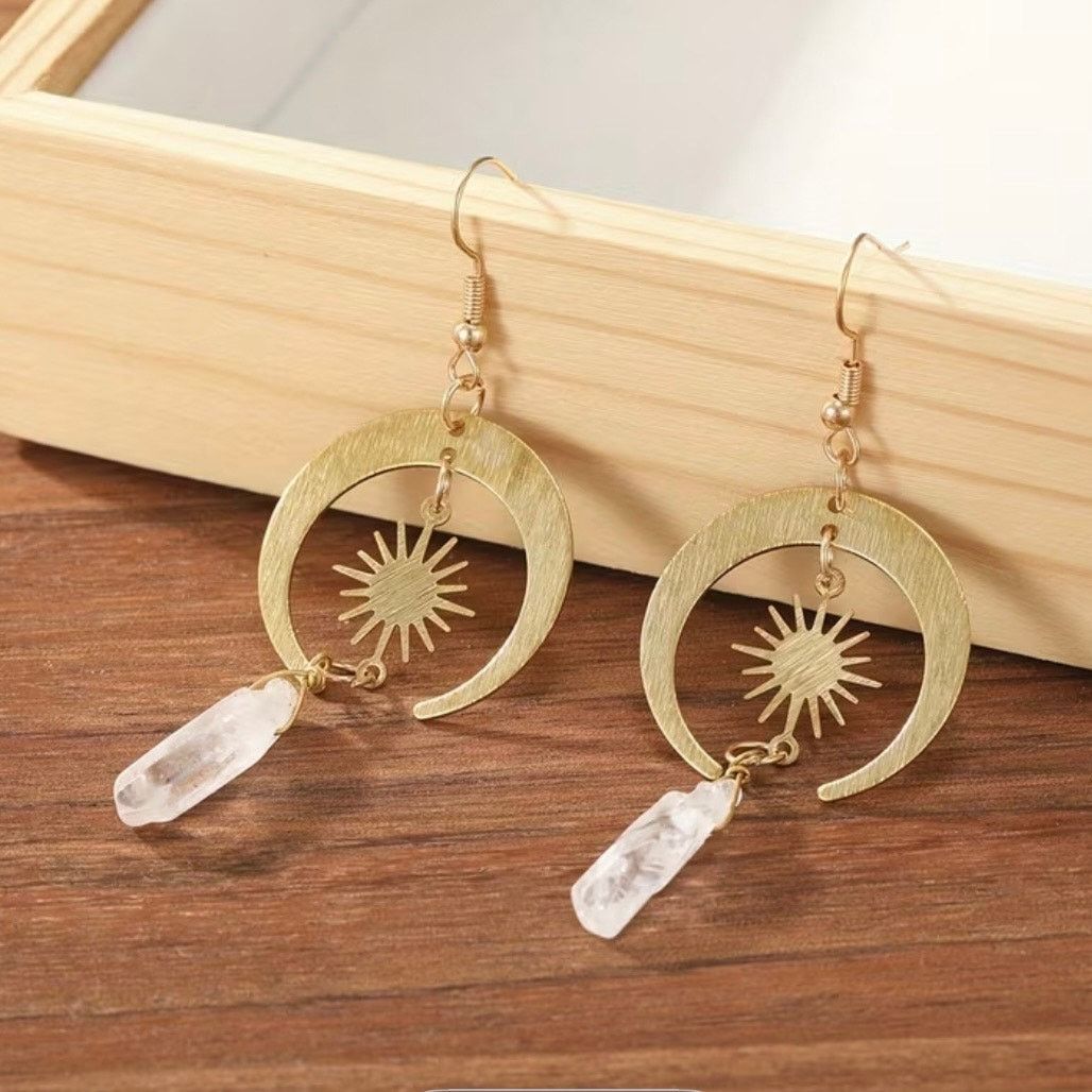 Anthropologie ANTHROPOLOGIE Gold Sun Moon Star Boho Gemstone Hoop Earrings Size ONE SIZE - 7 Thumbnail