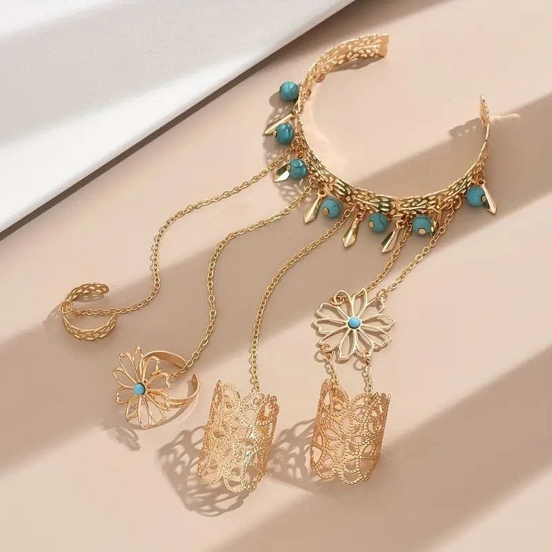 Other Boho Turquoise Flower Chain Hand Bracelet Ring Set Size ONE SIZE - 2 Thumbnail